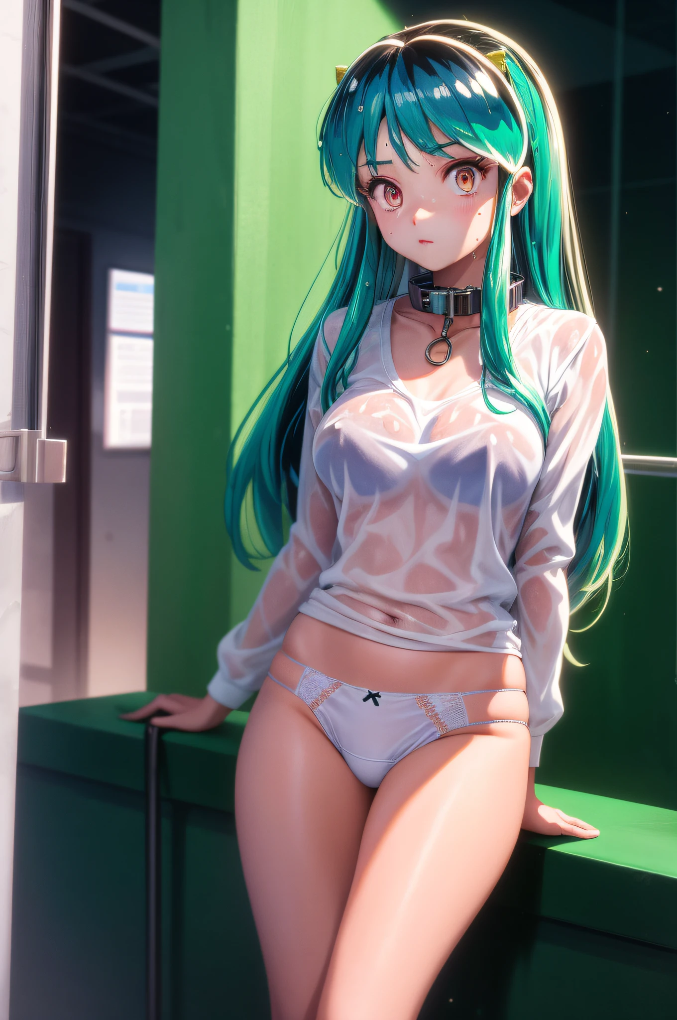 Lum invader, large breasts, wet, 1.4), (white clothing: 1.2) sweat, mini panties, best quality, ultra high definition, maximum resolution, ultra detail, anime, background, a girl, very cute, medium hair, black hair, hair ribbon, hair clip, colored eyes, collar, slave