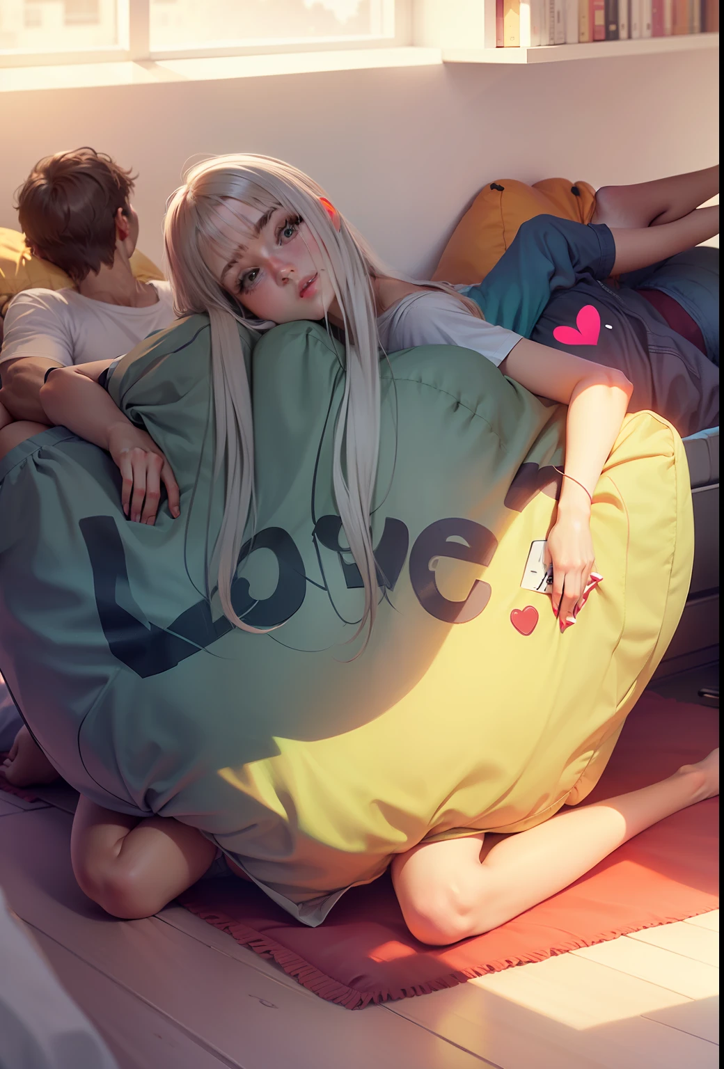 girls, heart-shaped cushions, long hair, girls in T-shirts, guys in the back, men in shorts with a T-shirt, --auto