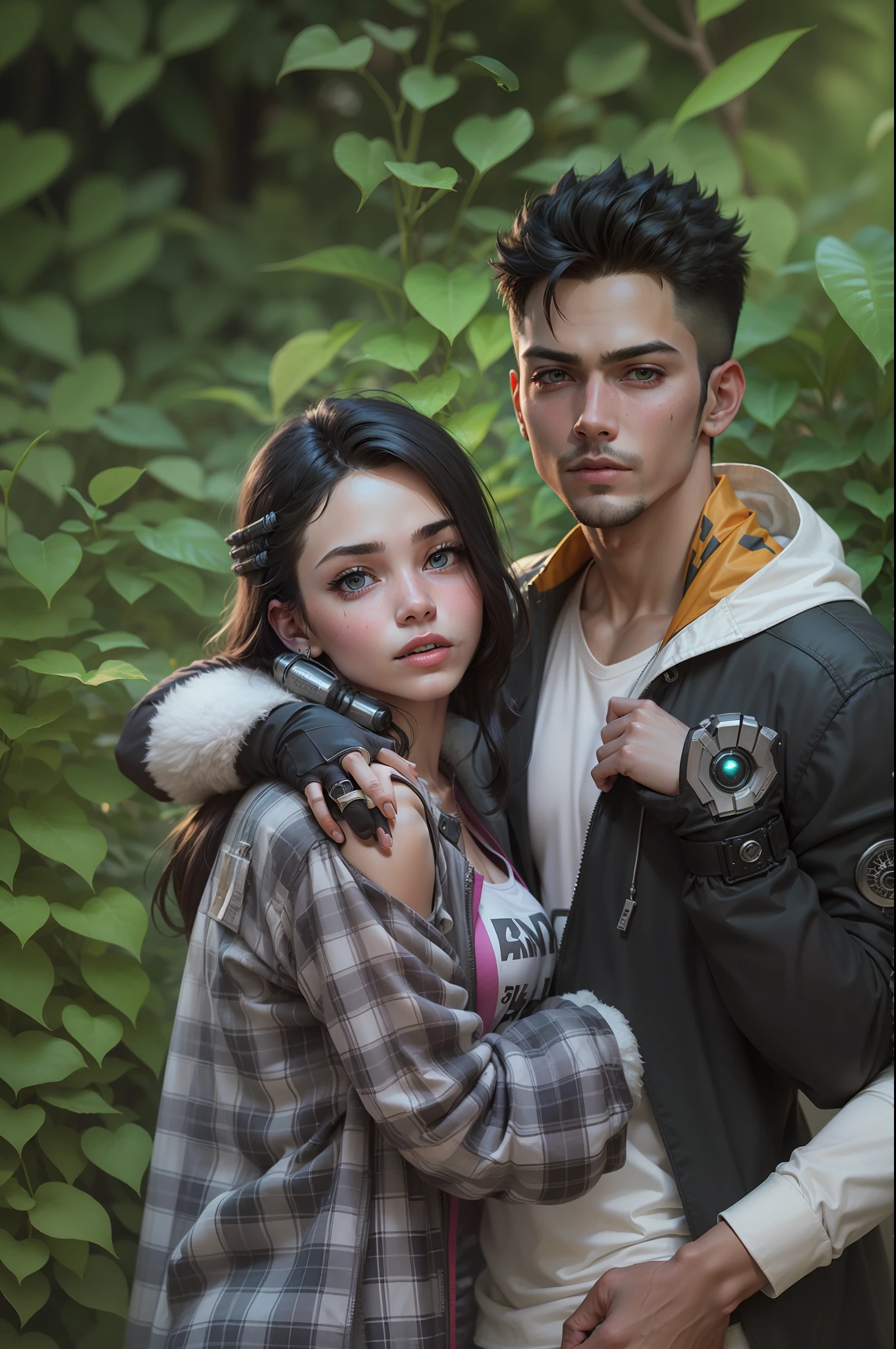 Background change cyberpunk handsome boy and girl ultra realistic face