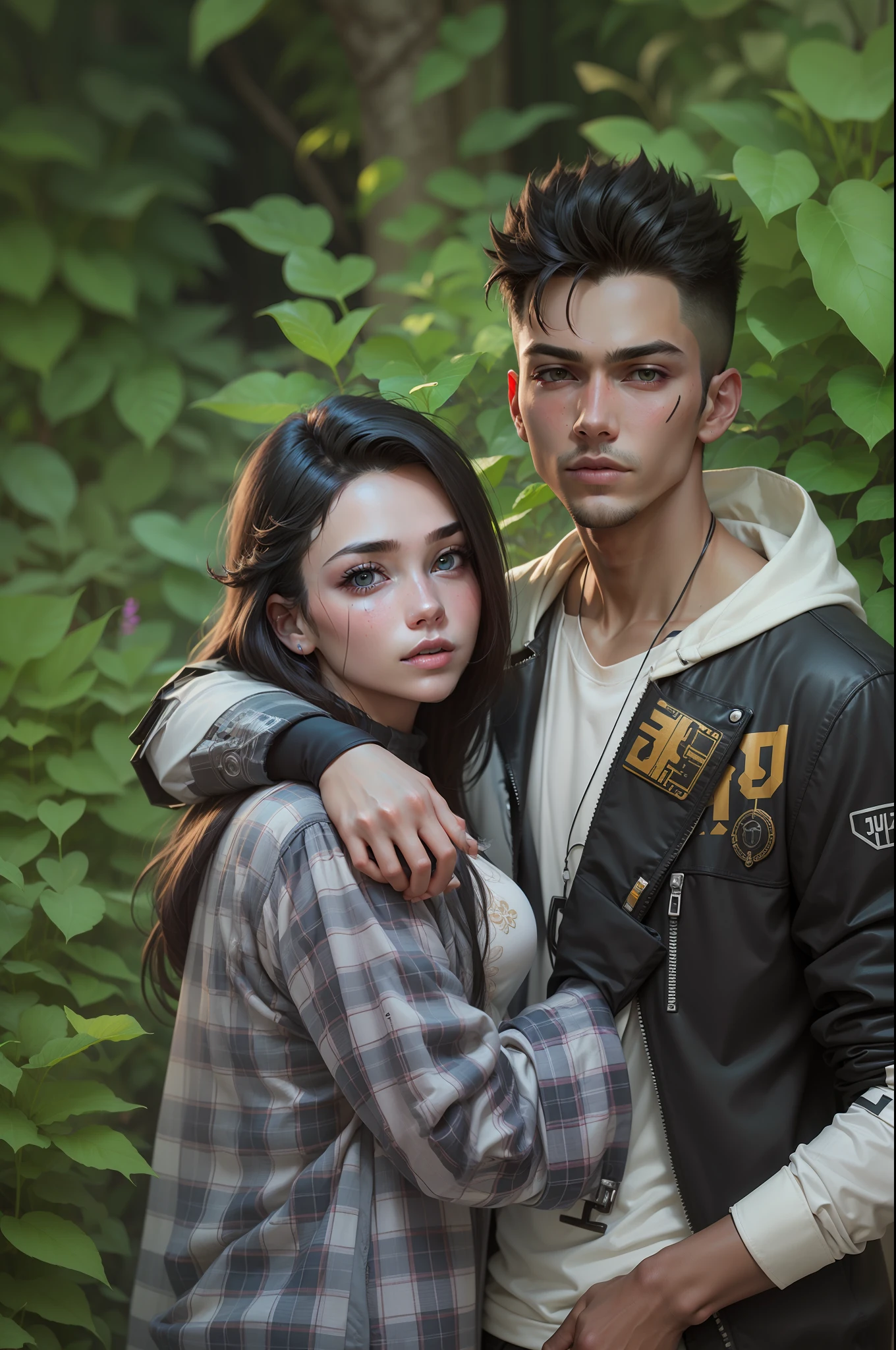 Background change cyberpunk handsome boy and girl ultra realistic face