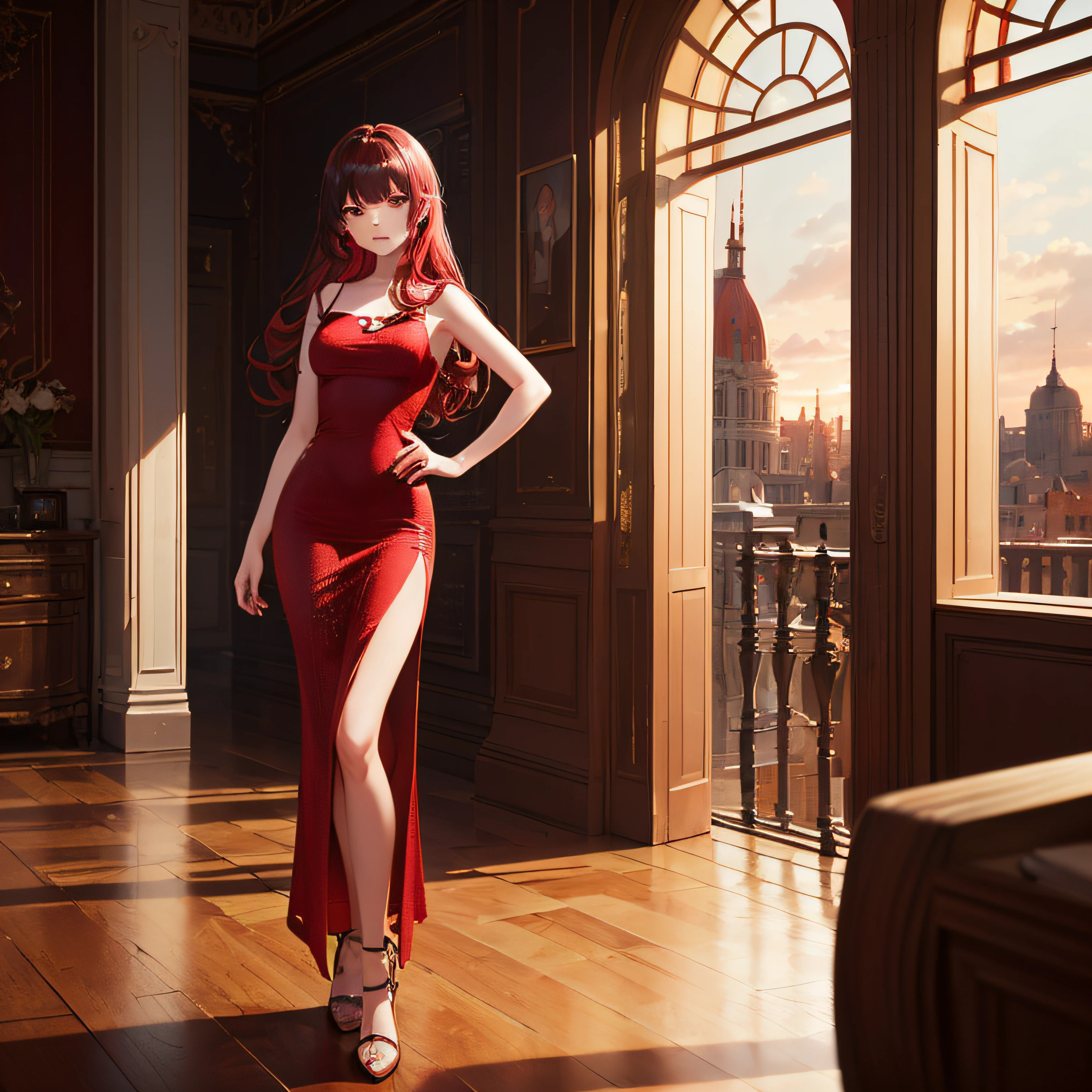 (8k), (Best Quality), (Masterpiece:1.2), Super Detail,1 Girl,Beautiful Woman,Brave Woman,18 Years Old,Brave Expression,Old Building Interior,Beautiful Detailed Eyes,(Light Red Tight Long Dress:1.5),(Red Dress:1.5),Full Body,Small,Red Hair