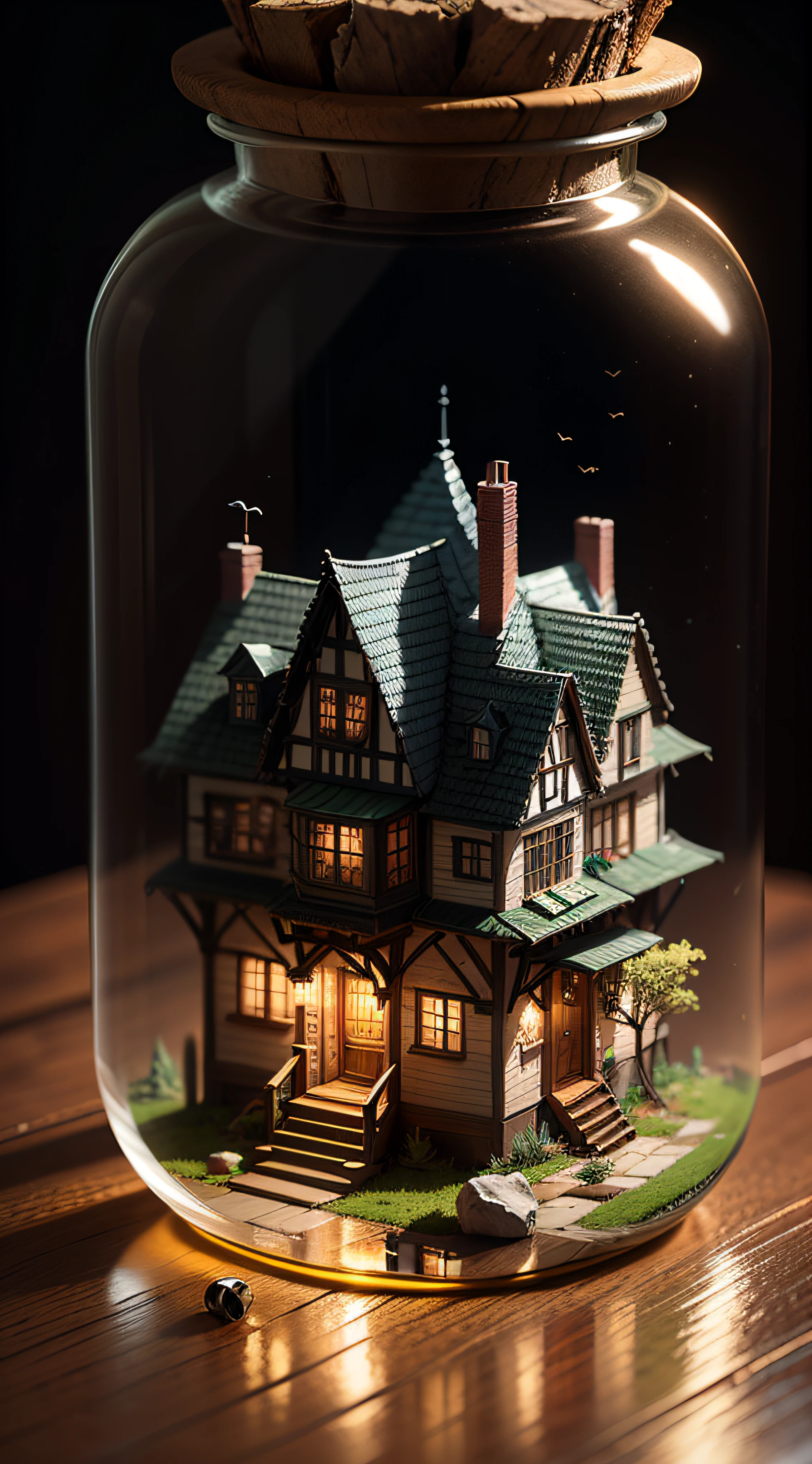 (Concept Art), (Intricate Forest Mini Town, Village, Landscape Trapped in a Bottle), Biome, Thick Glass, Weathered, Atmospheric Oliva Lighting, On the Table, 4k UHD, Dark Resonance, Ultra Detailed, Vivid Colors, Epic Composition, Octane Rendering, Sharp Focus, Detailed, Complex, (Reflection, Refraction, Caustic: 0.6), (High Resolution Isometric), 8K, HDR, Realistic: 1.4 --auto