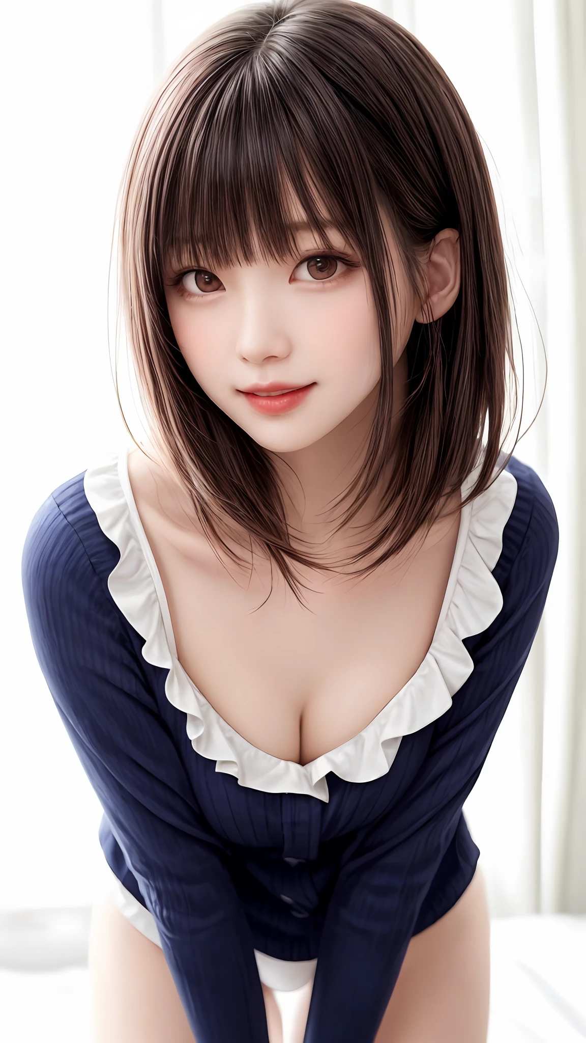 Pee (incontinence: 1.47), fashion trendy beautiful and attractive woman, gentle and attractive Chinese beautiful woman, Korean (kpop idol), delicate and sexy collarbone, attractive oval face, double eyelids, smart [peach] flower eyes, pink lips, small nose, bare shoulders, focus on face, [[face close-up], ultra high definition, super detail, White off-shoulder lace shirt, (((white lace panties), fresh and impressive, natural (large: 1.25), (kneel on the ground), (legs wide open), (legs spread), (from a low angle), (upright 1.5), (shiny skin: 1.4), (low angle)), perfect figure, areola, cleavage, armpit wrinkles, (floor urine)), (NSFW: 1.05), ( Showpiece, top quality, high precision)), one girl, (big, photorealistic: 1.4), (slightly above the camera, looking up at the camera, looking up, looking up at the camera, staring at the camera))), solo, solo, white background, snow-white background, mouth closed, happy smile, pretty black hair, short hair, big eyes, pronounced double eyelids, eyelashes, ears out, long neck, long neck, Absolute area, ((close-up of face, short hair with bangs)), 19 years old, attractive proportions, shiny skin, clean collarbone, golden ratio face, perfect face, teardrop mole, chest mole, bangs, clean bangs, beautiful bangs, lip gloss, thin lips, white skin, undressed, big breasts, small face, staring at the camera a little upwards, ((smiling a little at the camera, really nothing pure white background, very big, big big, big breasts)), ((((uniform, shirt))))