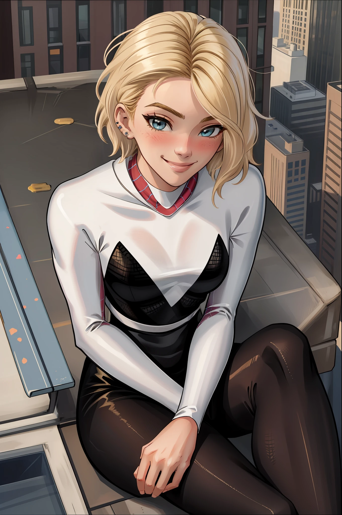 (masterpiece, highest quality), intricate details,
1 girl, Gwen Stacy, blonde hair , short hair, animated ,eyebrow piercing, smile, sitting on the roof of a skyscraper, blushing, confession