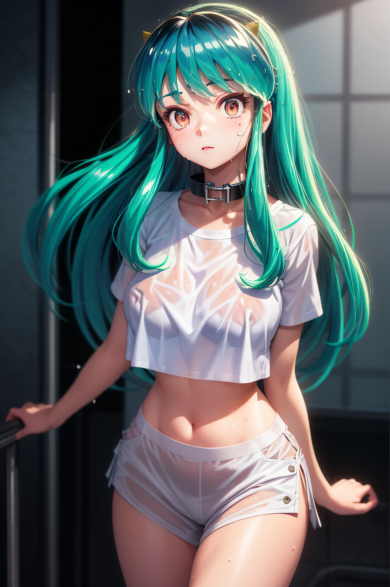 Lum invader, large breasts, wet, 1.4), (white clothing: 1.2) sweat, crop top, best quality, ultra high definition, maximum resolution, ultra detail, anime, background, a girl, very beautiful, medium hair, black hair, hair ribbon, hair clip, colored eyes, collar, slave