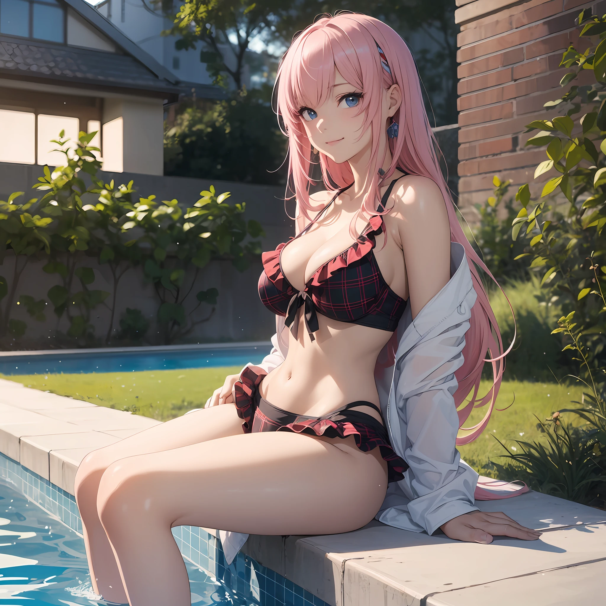 (1 girl), (Solo: 2.0), photorealistic, ultra-fine illustration, beautiful attractive anime girl, super detailed, smile, beautiful blue eyes, beautiful proportions, slender gentle look, seductive anime girl, full body, long exposure, (plaid swimsuit on black background: 3.0), (bikini with ruffles: 3.0), ultra-thin swimsuit, evening, outdoor pool, Sitting by the pool, showing off Megurine Luka, pink hair and cleavage,