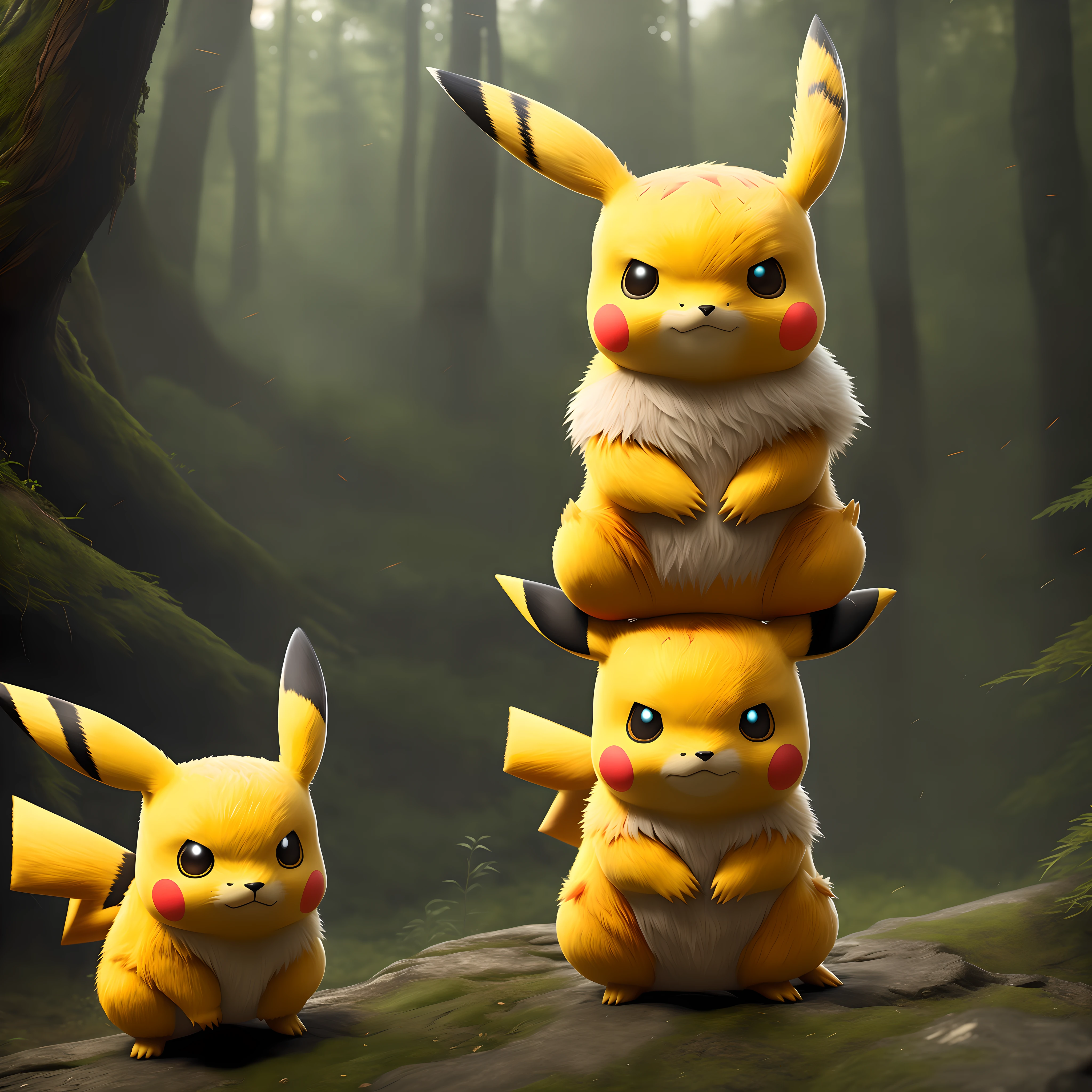 A pikachu alone, Photo of the world's most beautiful art with Pokémon, with lightning coming from cheeks, full-body 8K unit rendering, action shot, skin pores, very dark
lighting, heavy shadows, detailed and detailed face, (vibrant,
photo realistic, realistic, dramatic, dark, sharp focus, 8k),
(intricate:1.4), decadent, (highly detailed:1.4),(ultra realistic:1.2), octane rendering, ((forest background:1.2))