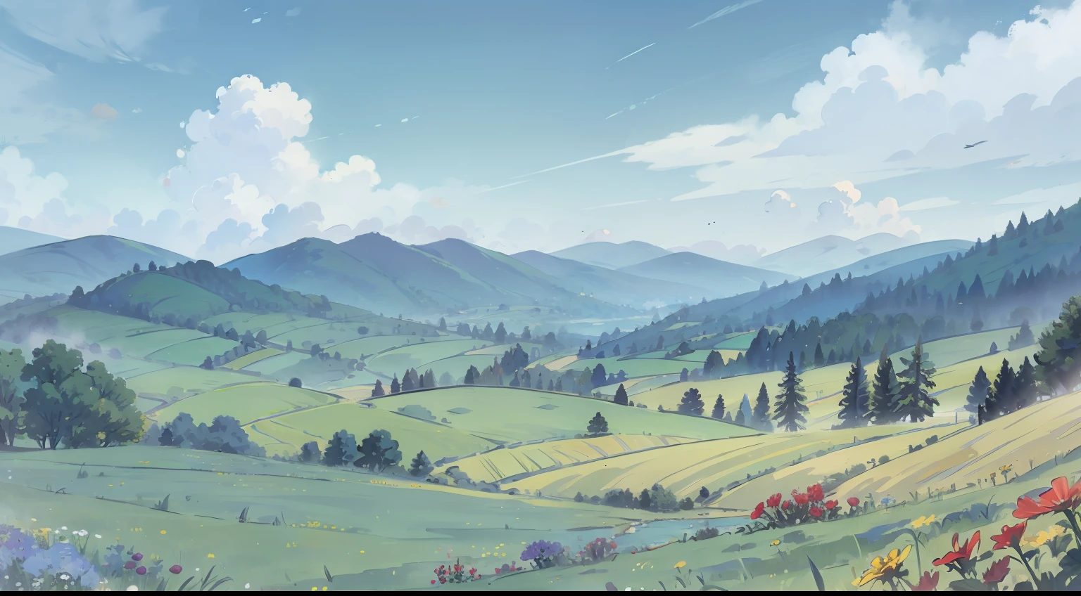High green hills, blue sky, beautiful flowers blooming