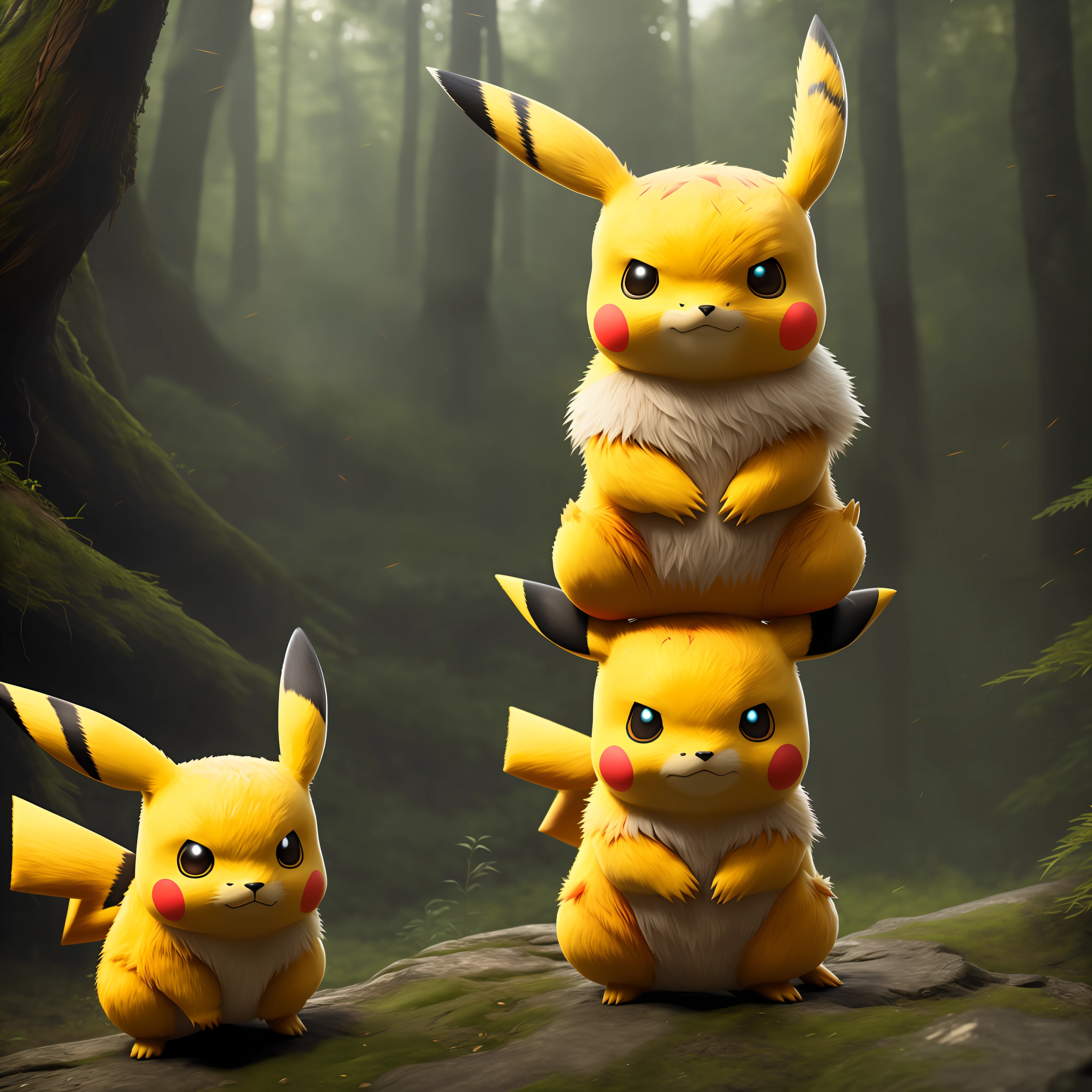 A pikachu alone, Photo of the world's most beautiful art with Pokémon, with lightning coming from cheeks, full-body 8K unit rendering, action shot, skin pores, very dark
lighting, heavy shadows, detailed and detailed face, (vibrant,
photo realistic, realistic, dramatic, dark, sharp focus, 8k),
(intricate:1.4), decadent, (highly detailed:1.4),(ultra realistic:1.2), octane rendering, ((forest background:1.2))