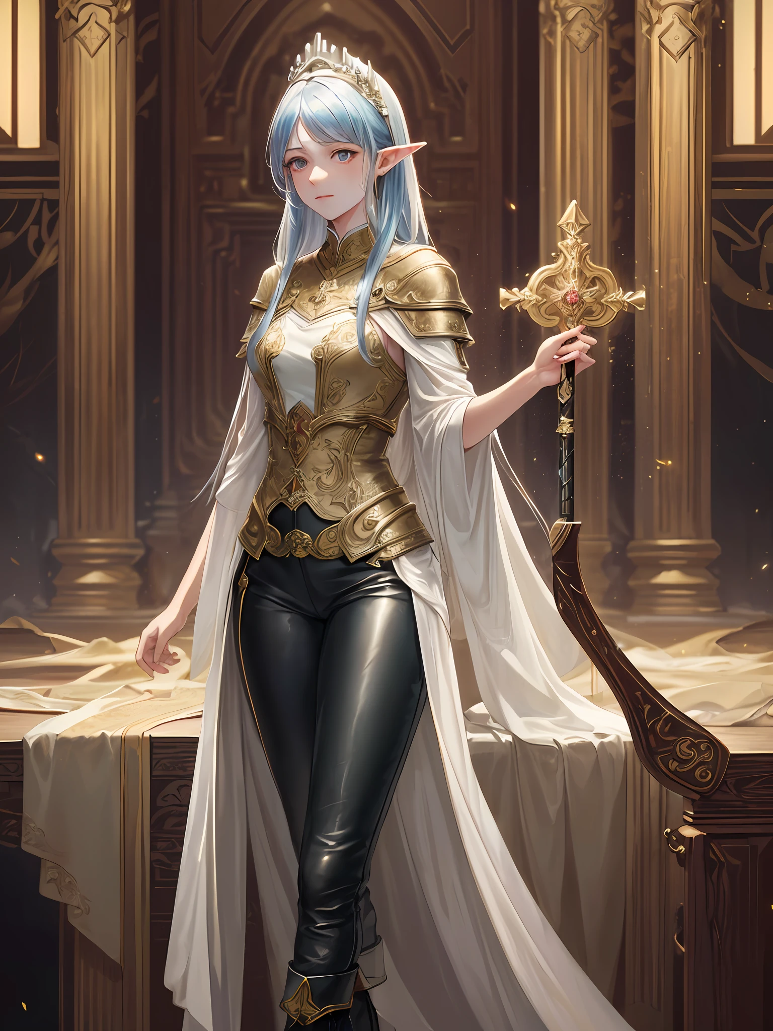 (1woman, solo:1.2),adult, fantasy,high quality, high res,intricate details, intricate hair details ,(beautiful detailed eyes:1.3),(beautiful detailed background:1),depth of field,(elf:1.3), (pale skin, white skin color:1.75), (light-blue hair, long hair:1.3),fine detailed hair, (white dress, long dress, viking dress with leg slits:1.7), (detailed blue and red broidery : 1.6),(black leather pants :1.5), (tigh-high boots :1.5), vibrant blue eyes, (emotionless,tired:1.2), (holding magic staff, standing: 1.2),(fragile, visible veins, sickly, thin:1.6),(golden fantasy mage tiara:1.3), full color,dynamic, looking at viewer, ultra-detailed, baroque oil painting. sharp focus,(8k), (4k), fantasy, extremely detailed, intricate, hyper detailed, (perfect face), illustration,soft lighting, (specular lighting:1.2), (shiny:1.2), (Oil highlights:1.2),(widow peak:1.3),,village background, detailed background