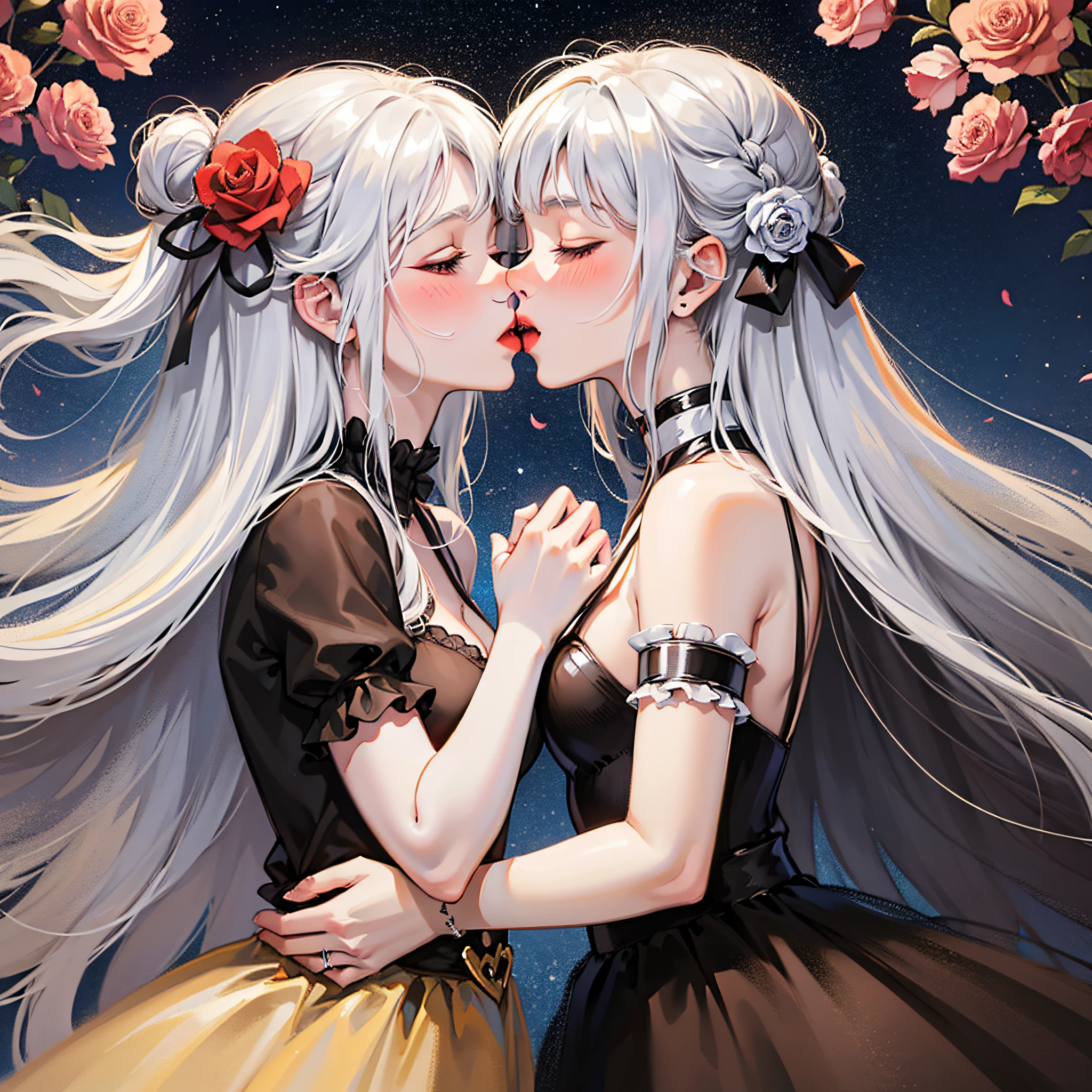multiple girls, 2girls, long hair,kiss, Twins, the girl on the left has white hair, the girl on the right has black hair,blush, closed eyes, hair ornament,
selfcest, petals, very long hair, flower, hair flower, surprised,Starry sky background, rose flowers,yuri,lily,Dress,intending to receive kiss while preteding to reject,
dual persona, simple background, upper body,small breasts,left_right ,