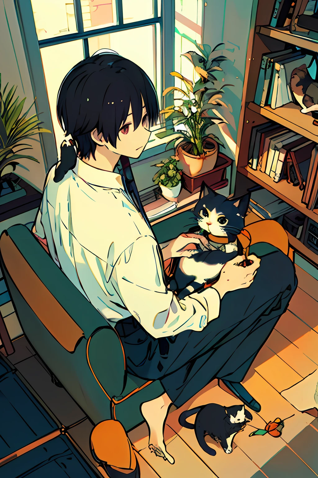 boy, from above, plant, black hair, cat, indoors, holding, long sleeve, long hair, stuffed cat, potted plant, book, food, window, phone, loaded interior, television, short hair, on the back, stuffed animal, bangs, slippers, barefoot, sitting, bookcase, shelf, cable, computer