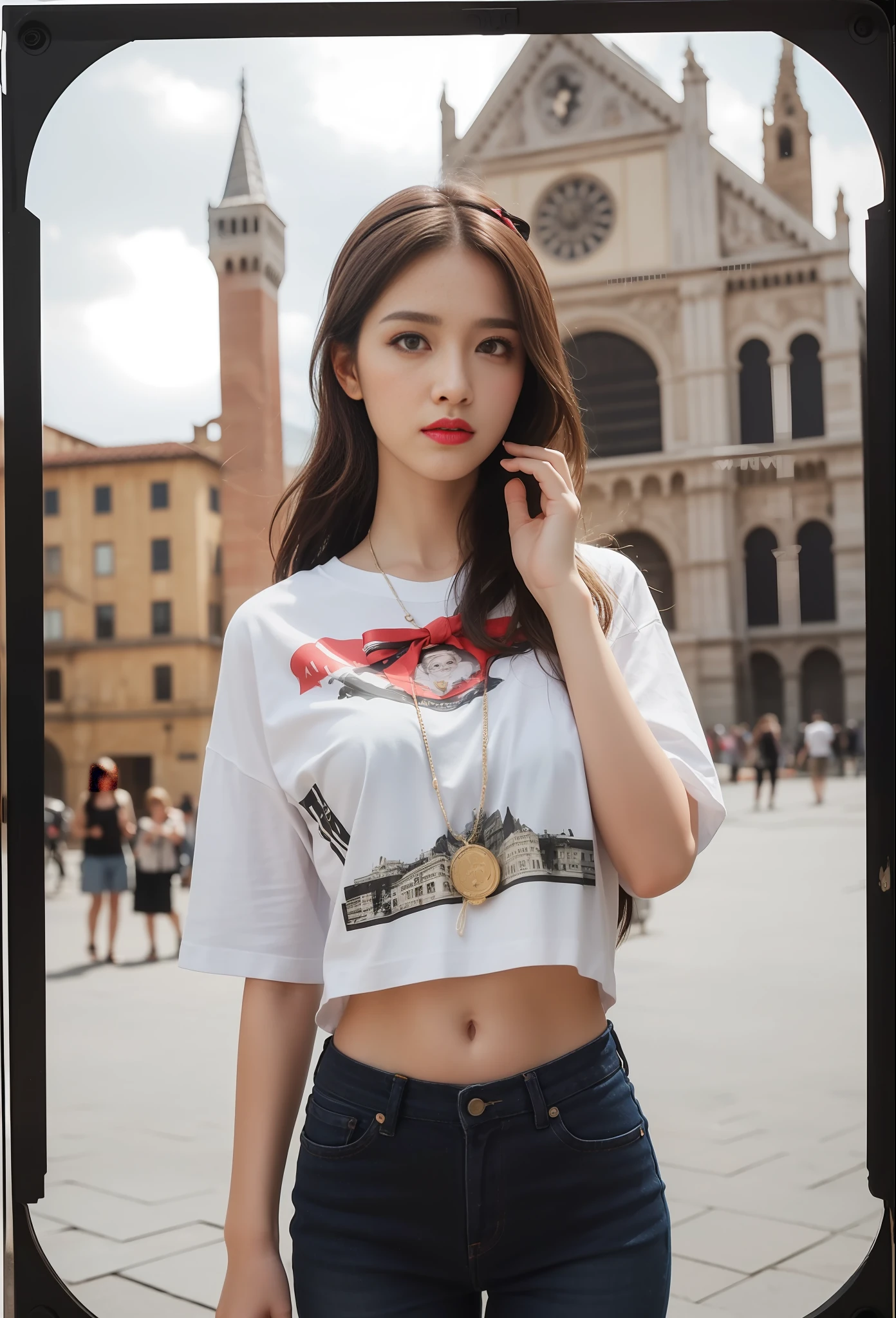 1 girl,(Piazza dei Miracoli background,crowd,crowd),navel,1 18-year-old girl),(upper body:1.2),(medium breasts),upper body,(realistic:1.7),((best quality)),absurdres,(ultra high res),(photorealistic:1.6),photorealistic,octane render,(hyperrealistic:1.2), (photorealistic face:1.2), (8k), (4k), (Masterpiece),(realistic skin texture), (illustration, cinematic lighting,wallpaper),( beautiful eyes:1.2),((((perfect face)))),(standing),(looking at viewer:1.2),(cute),(black hair),(braided ponytail:1.1),(bow hairband),(printed t-shirt:1.2),(red lips:1.1),outdoors,