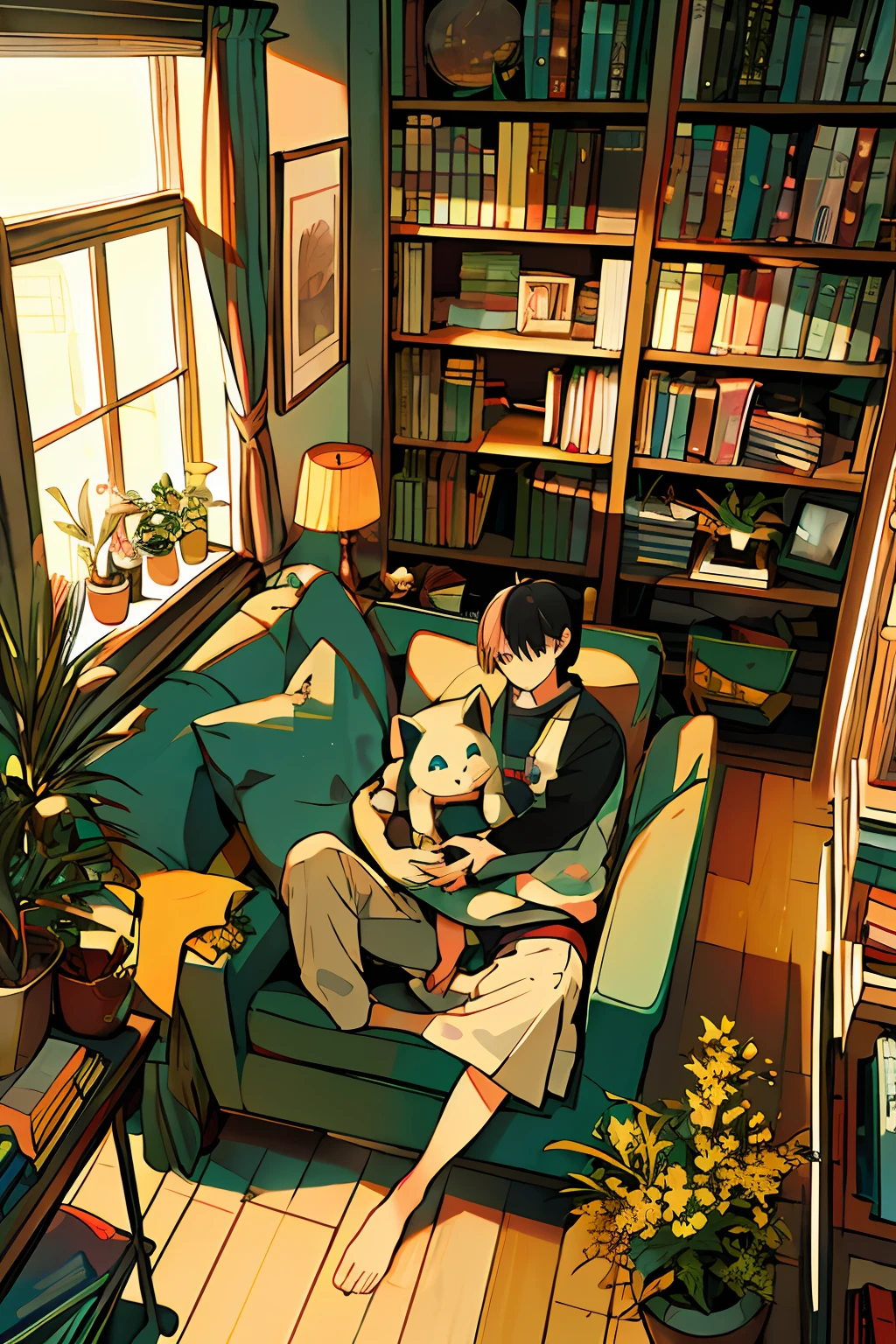 boy, from above, plant, black hair, cat, indoors, holding, long sleeve, long hair, stuffed cat, potted plant, book, food, window, phone, loaded interior, television, short hair, on the back, stuffed animal, bangs, slippers, barefoot, sitting, bookcase, shelf, cable, computer