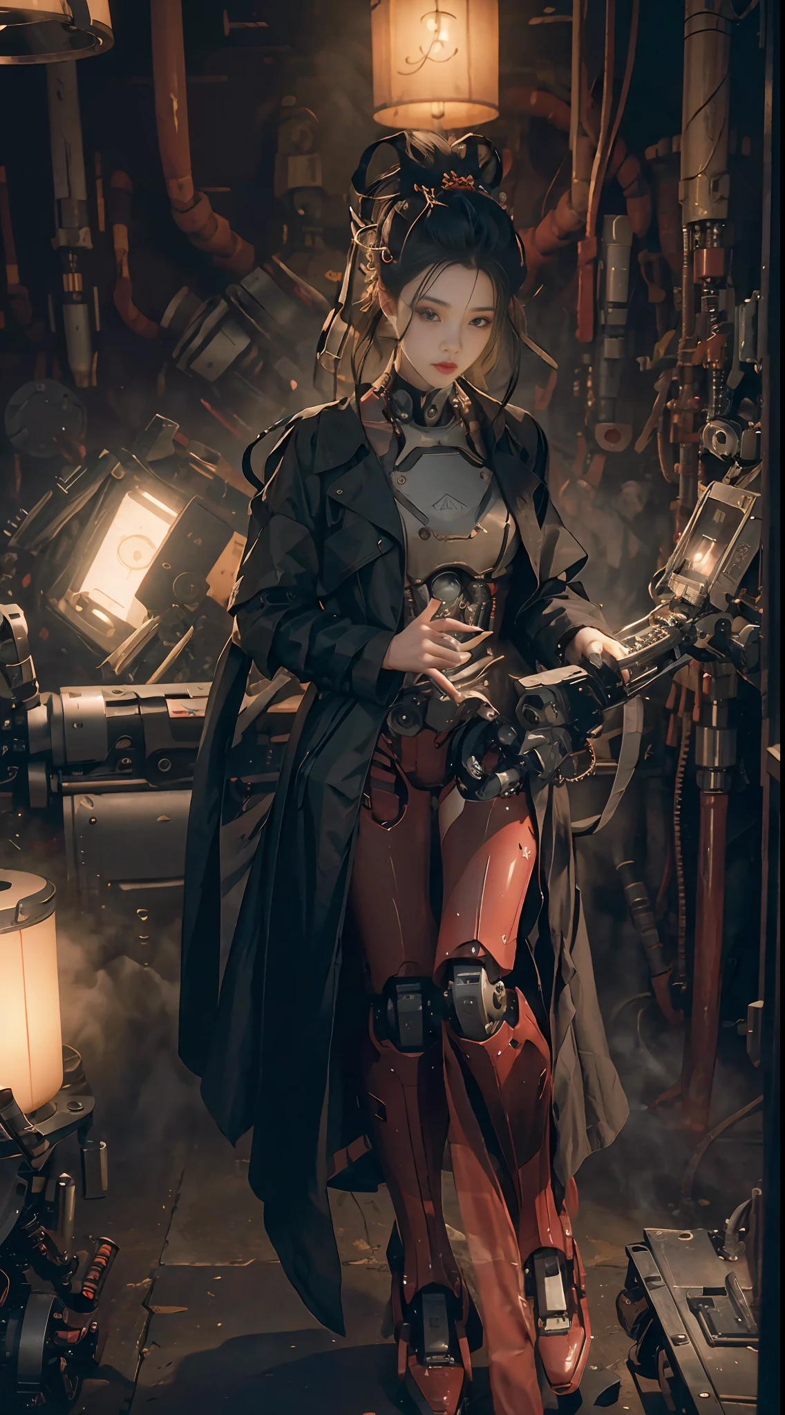 Sharp focus, volumetric fog, 8k UHD, DSLR, high quality, (film grain: 1.4), Fujifilm XT3, full body, beautiful young woman in black trench coat, half-human, half-robot face, ((1 robot, 1 robot, mechanical ribs, mechanical spine))