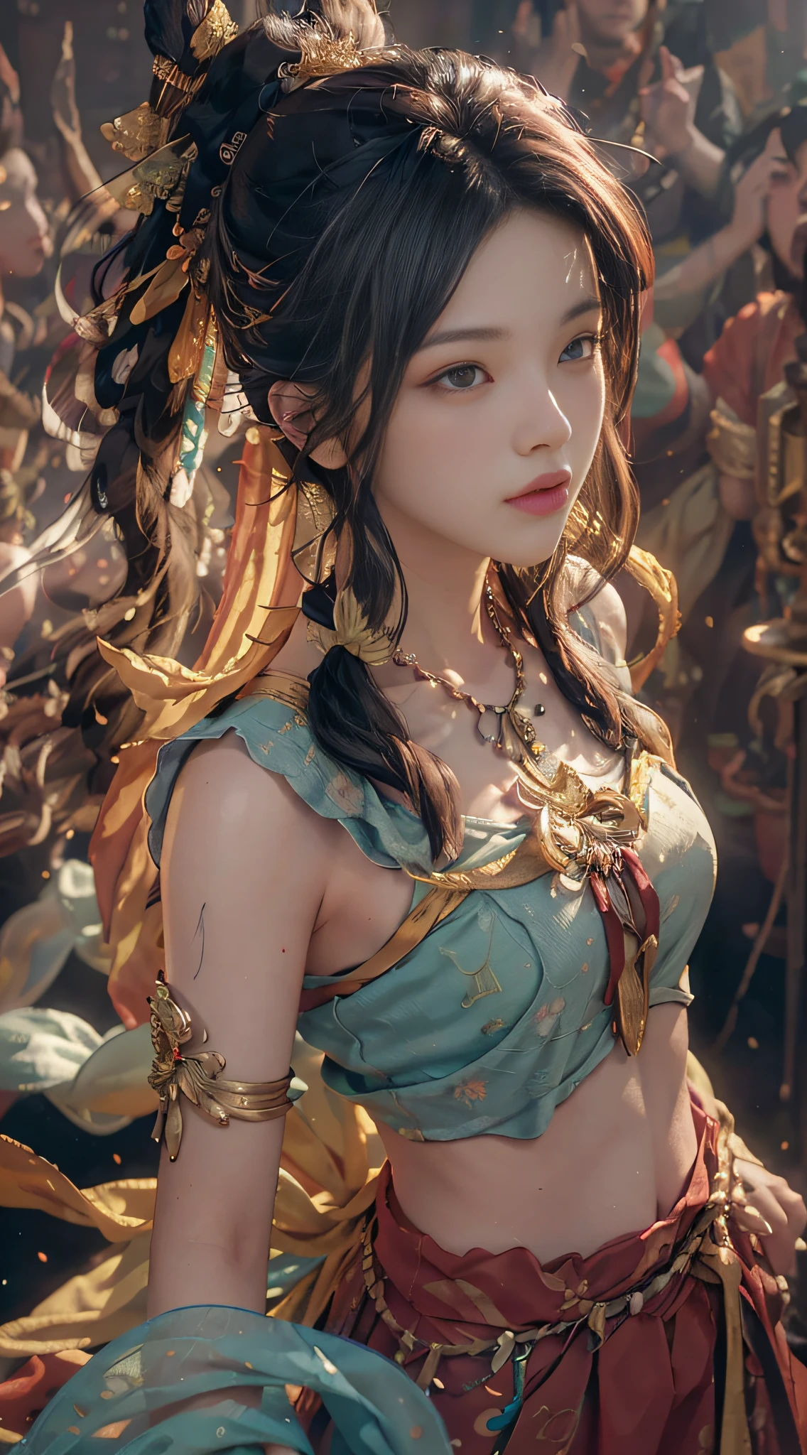 (RAW photo, best quality), (realistic, photo-realistic:1.3),best quality,highly detailed,masterpiece,ultra-detailed,illustration,1girl,upper_body,dynamic angle,world masterpiece theater,messy_long_hair,best quality,extremely detailed CG unity 8k wallpaper,ink,Amazing,cinematic lighting,lens_flare, dunhuang_style
