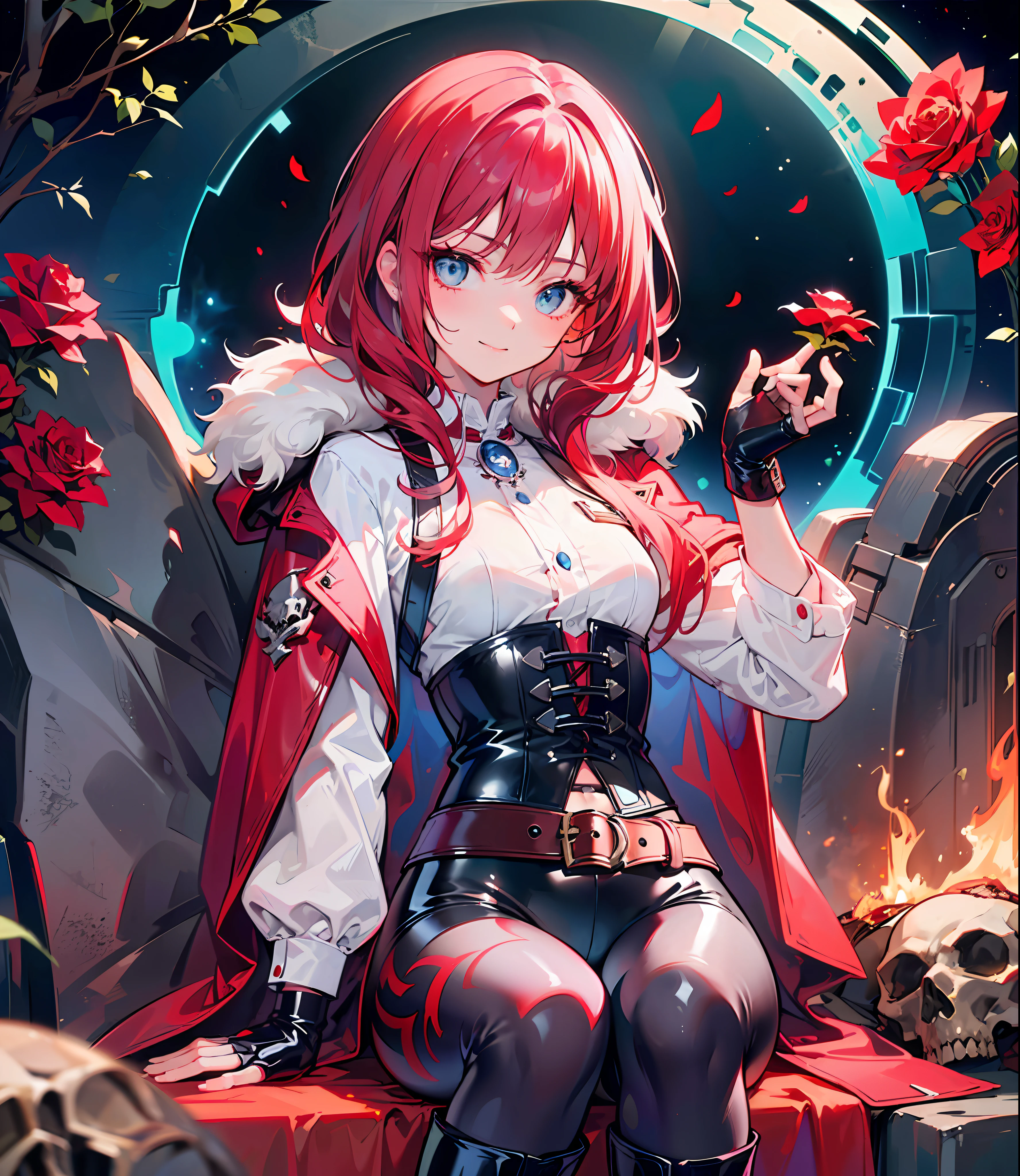 (girl), ((scarlet hair)),(long hair)) ((black latex leggings)), ((latex short boots)), (fingerless gloves) ((white shirt)), (red cloak on hips), ((soldier)), (evil smile)) ((roses on clothes)), ((skulls on clothes)), ((fur on sleeves)), ((fire magic in hand)), ((belligerence)), (small breasts), ((1 person)), ((one girl)) ((portrait)), (black corset), ((night in the background)), (icy blue eyes)), (burgundy hair)), ((without sexualization)),  ((solo)), (((Closed clothes))), Space, cosmic effect, beautiful