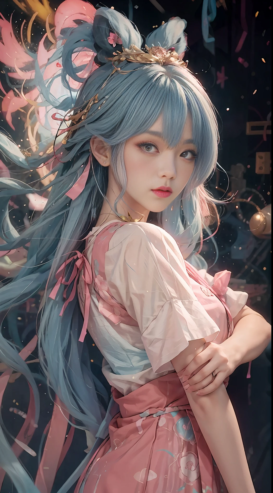 Sweet Chinese girl, long light blue hair, [light blue|pink] hair, curly hair, glitter, pink lips, white shirt, front, upper body