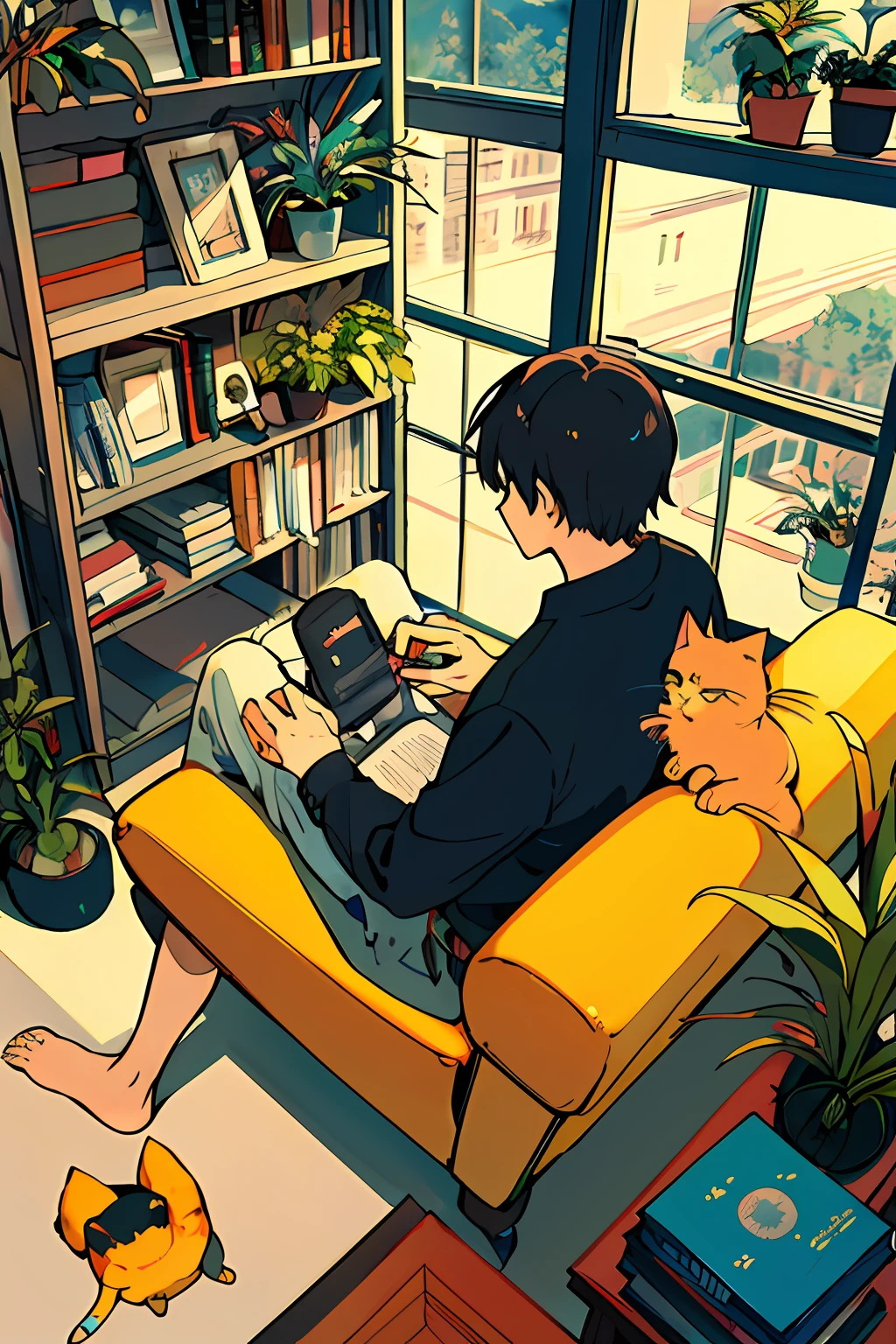 boy, working on computer, from above, plant, black hair, cat, indoors, holding, long sleeve, long hair, stuffed cat, potted plant, book, food, window, phone, loaded interior, television, short hair, on the back, stuffed, bangs, slippers, barefoot, sitting, bookcase, shelf, cable