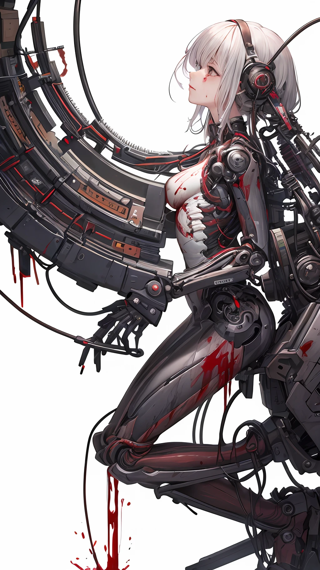 (masterpiece, top quality, best quality, official art, beautiful and aesthetic:1.2), (1girl:1.3), extreme detailed,colorful,highest detailed ((ultra-detailed)), (highly detailed CG illustration), ((an extremely delicate and beautiful)),(from side),cinematic light,((1mechanical girl)),solo,full body,(machine made joints:1.2),((machanical limbs)),(blood vessels connected to tubes),(mechanical vertebra attaching to back),((mechanical cervial attaching to neck)),(sitting),expressionless,(wires and cables attaching to neck:1.2),(wires and cables on head:1.2)(character focus),science fiction,white background,(blood:1.5)