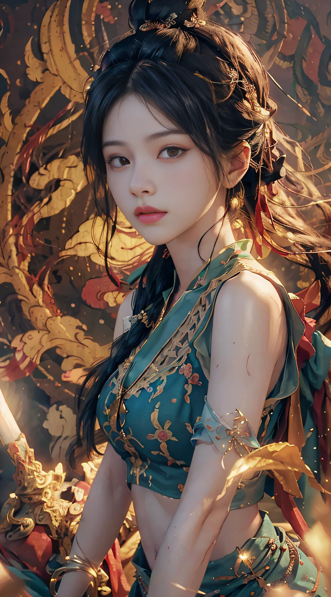 (RAW photo, best quality), (realistic, photo-realistic:1.3),best quality,highly detailed,masterpiece,ultra-detailed,illustration,1girl,upper_body,dynamic angle,world masterpiece theater,messy_long_hair,best quality,extremely detailed CG unity 8k wallpaper,ink,Amazing,cinematic lighting,lens_flare, dunhuang_style