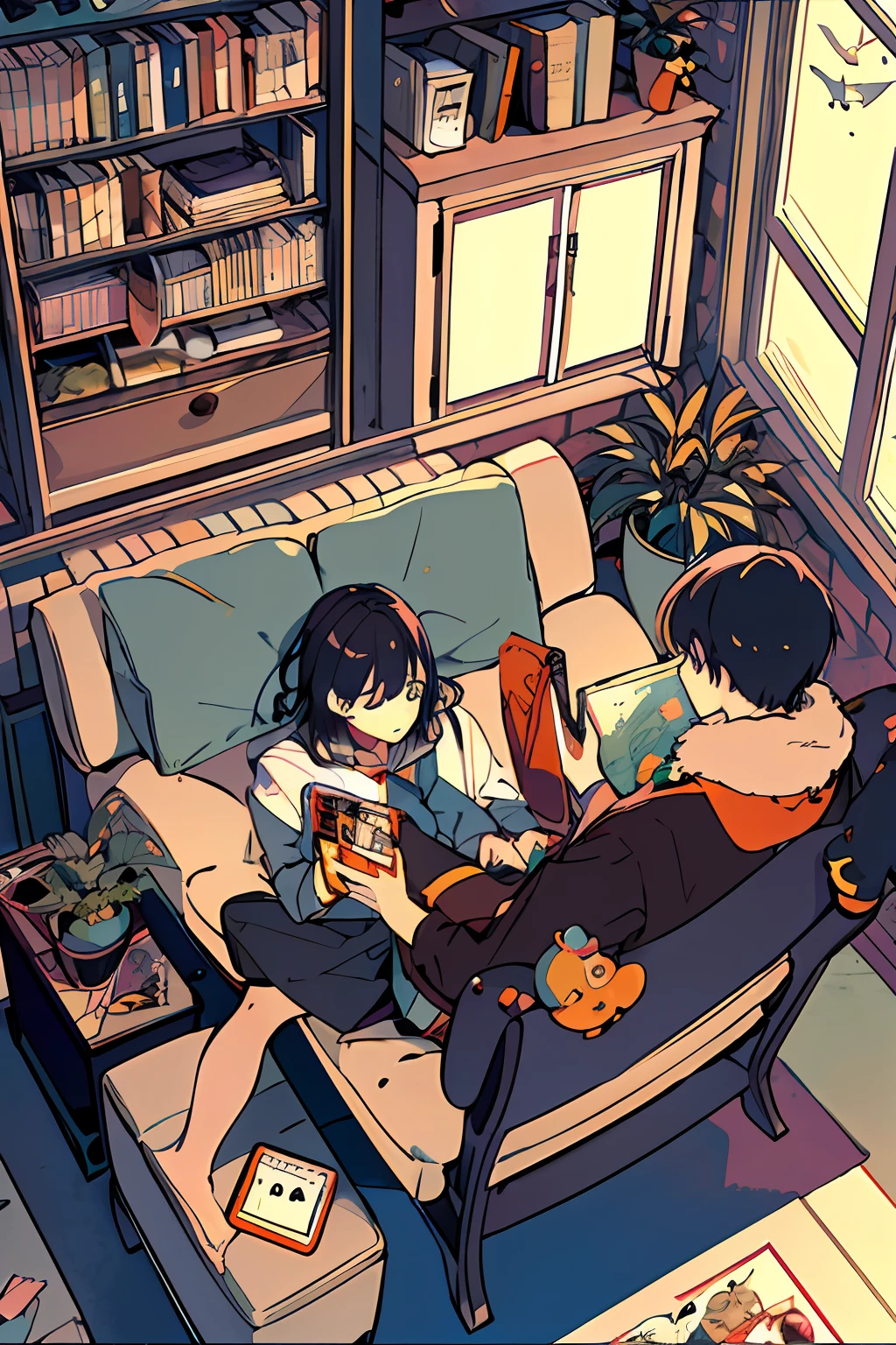 boy, working on computer, from above, plant, black hair, cat, indoors, holding, long sleeve, long hair, stuffed cat, potted plant, book, food, window, phone, loaded interior, television, short hair, on the back, stuffed, bangs, slippers, barefoot, sitting, bookcase, shelf, cable