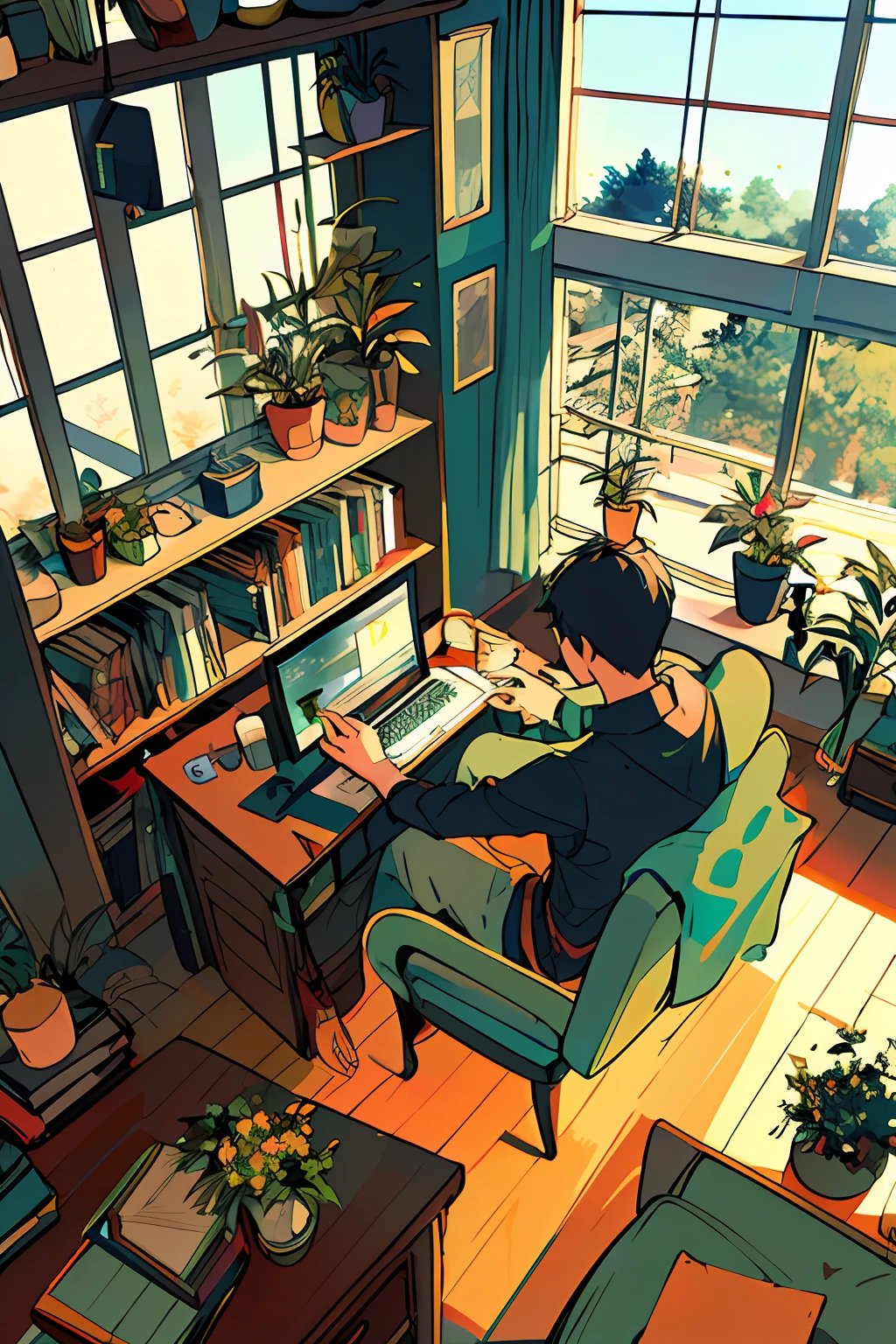 boy, working on computer, from above, plant, black hair, cat, indoors, holding, long sleeve, long hair, stuffed cat, potted plant, book, food, window, phone, loaded interior, television, short hair, on the back, stuffed, bangs, slippers, barefoot, sitting, bookcase, shelf, cable