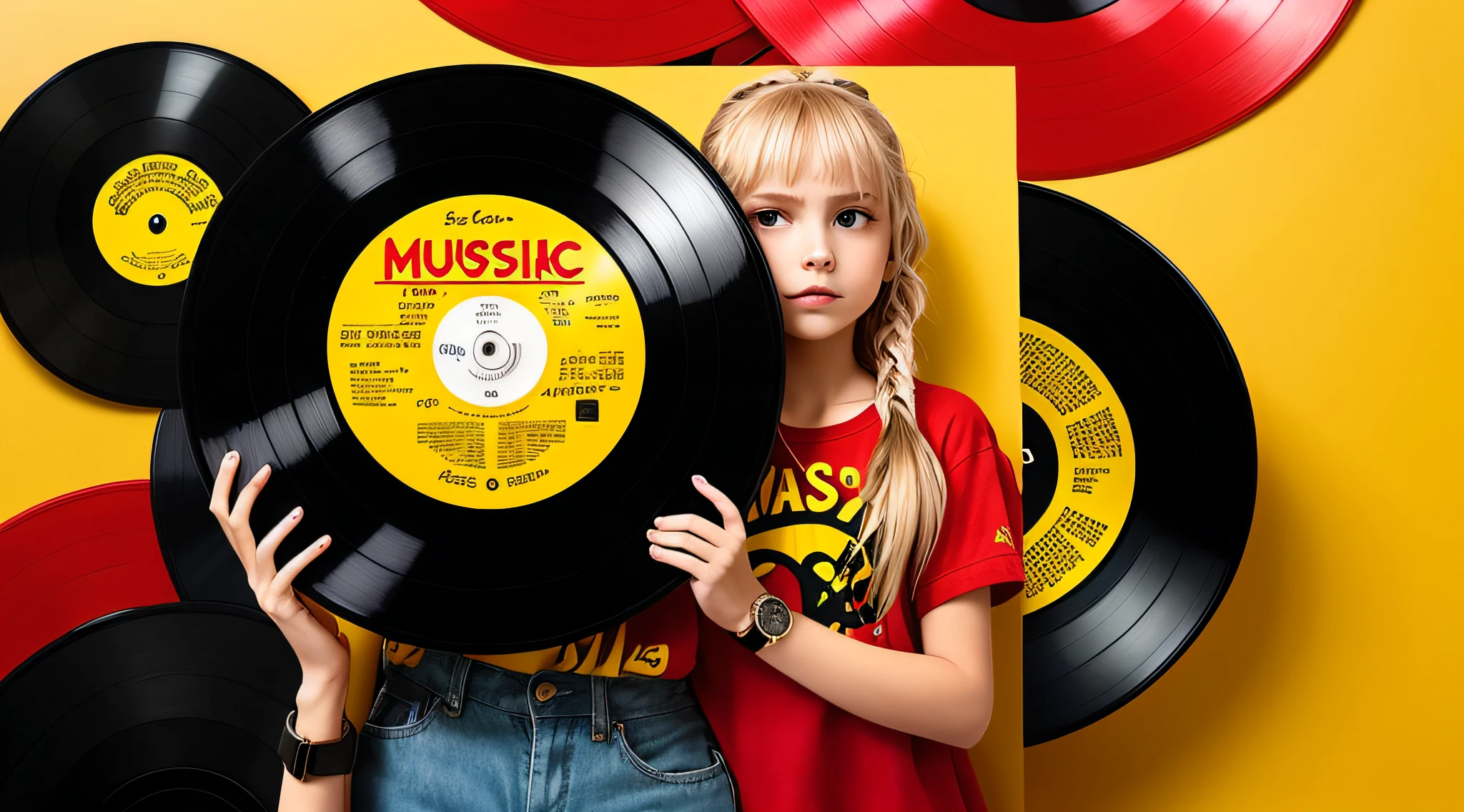 mENINA BLONDE CHILD IN BRAIDS, holding a record and a watch in her hands, music is life, music records, black and yellow and red scheme, vibrating with music, promotional images, holding a vinyl record, uploading high quality, wearing red and yellow clothes, spinning records, holding a disc, yellow and red color scheme,  Red and yellow color scheme, official product photo