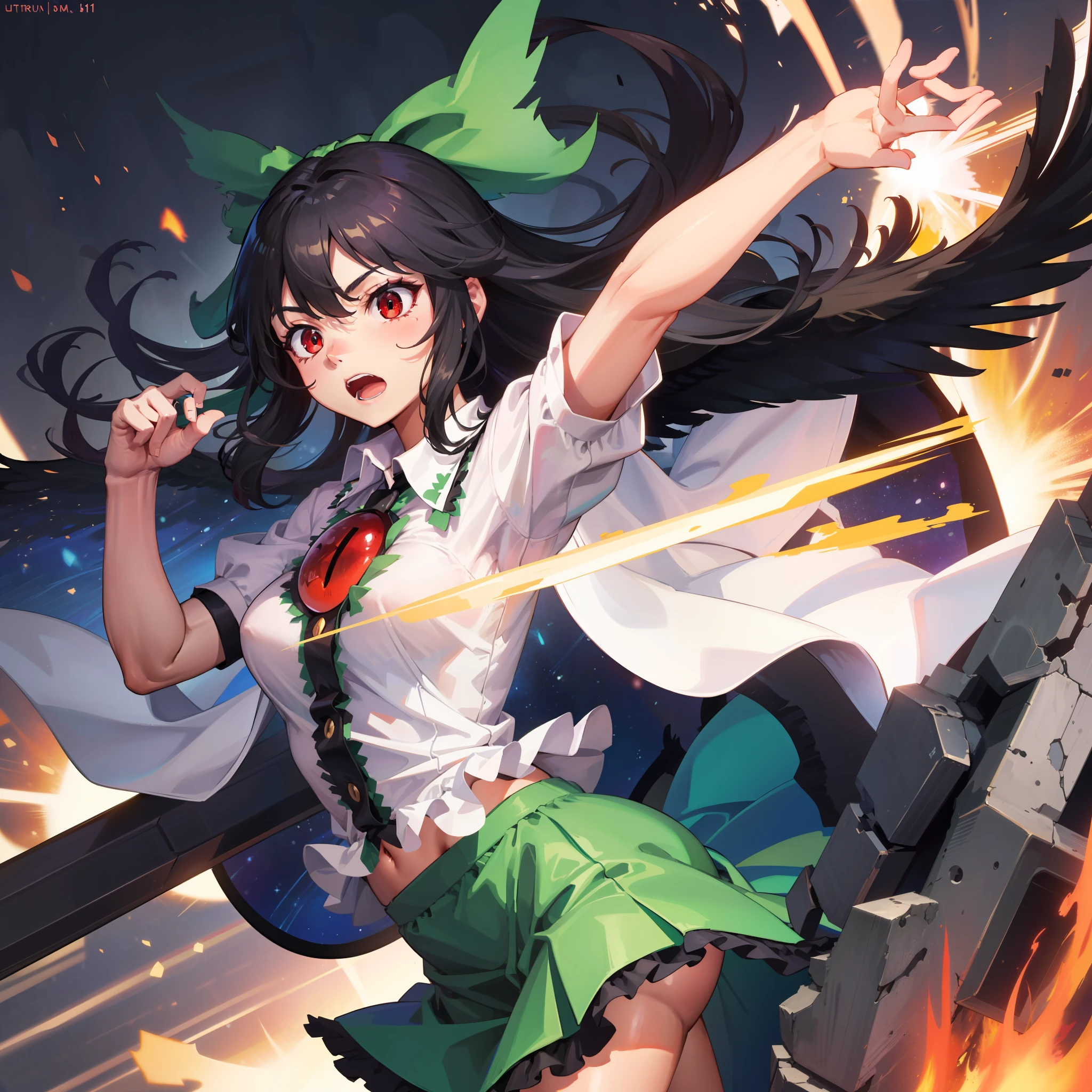 a digital painting of a woman holding a sword above an explosion scene, 1girl, reiuji utsuho, solo, green skirt, skirt, arm cannon, long hair, bow, wings, shirt, weapon, green bow, short sleeves, hair bow, white shirt, open mouth, black wings, puffy short sleeves, cape