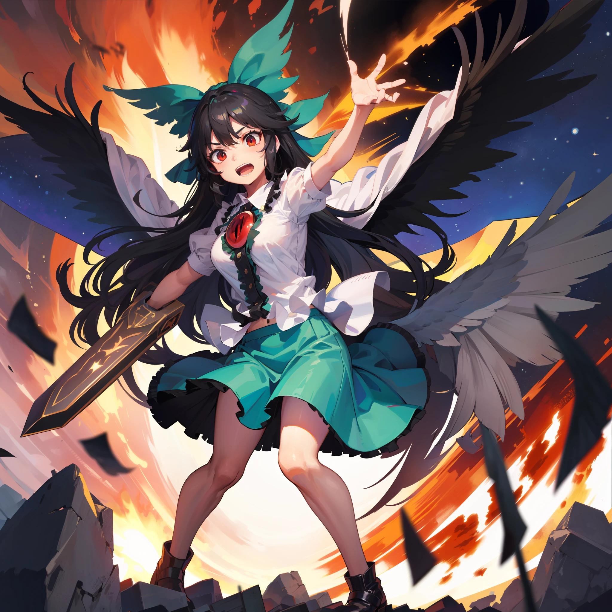 a digital painting of a woman holding a sword above an explosion scene, 1girl, reiuji utsuho, solo, green skirt, skirt, arm cannon, long hair, bow, wings, shirt, weapon, green bow, short sleeves, hair bow, white shirt, open mouth, black wings, puffy short sleeves, cape