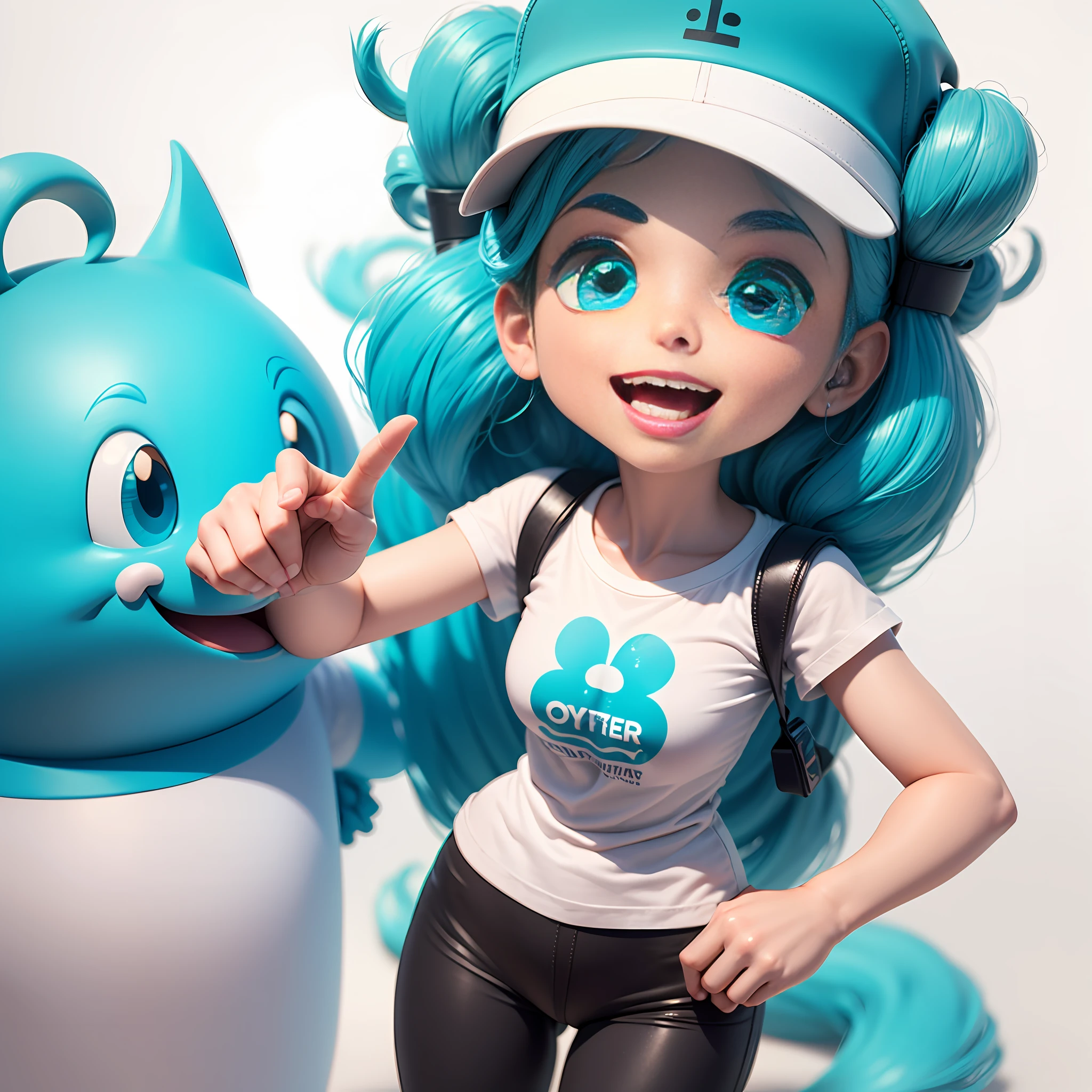 Create a 3D animated mascot for the mineral water industry. Persuasive and cheerful character in the style of Pixar drawings. Wearing white T-shirt and white cap with turquoise blue. High definition image. Whole body. White background. --auto