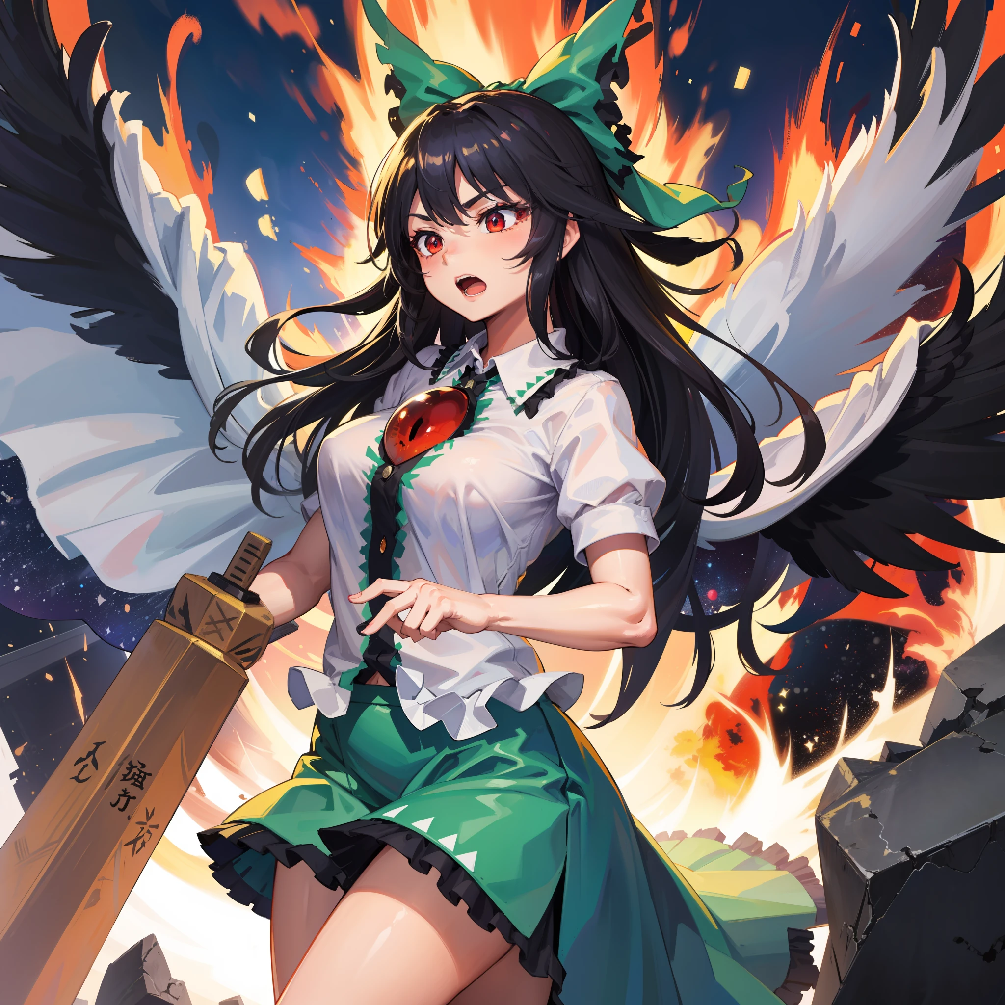 a digital painting of a woman holding a sword above an explosion scene, 1girl, reiuji utsuho, solo, green skirt, skirt, arm cannon, long hair, bow, wings, shirt, weapon, green bow, short sleeves, hair bow, white shirt, open mouth, black wings, puffy short sleeves, cape