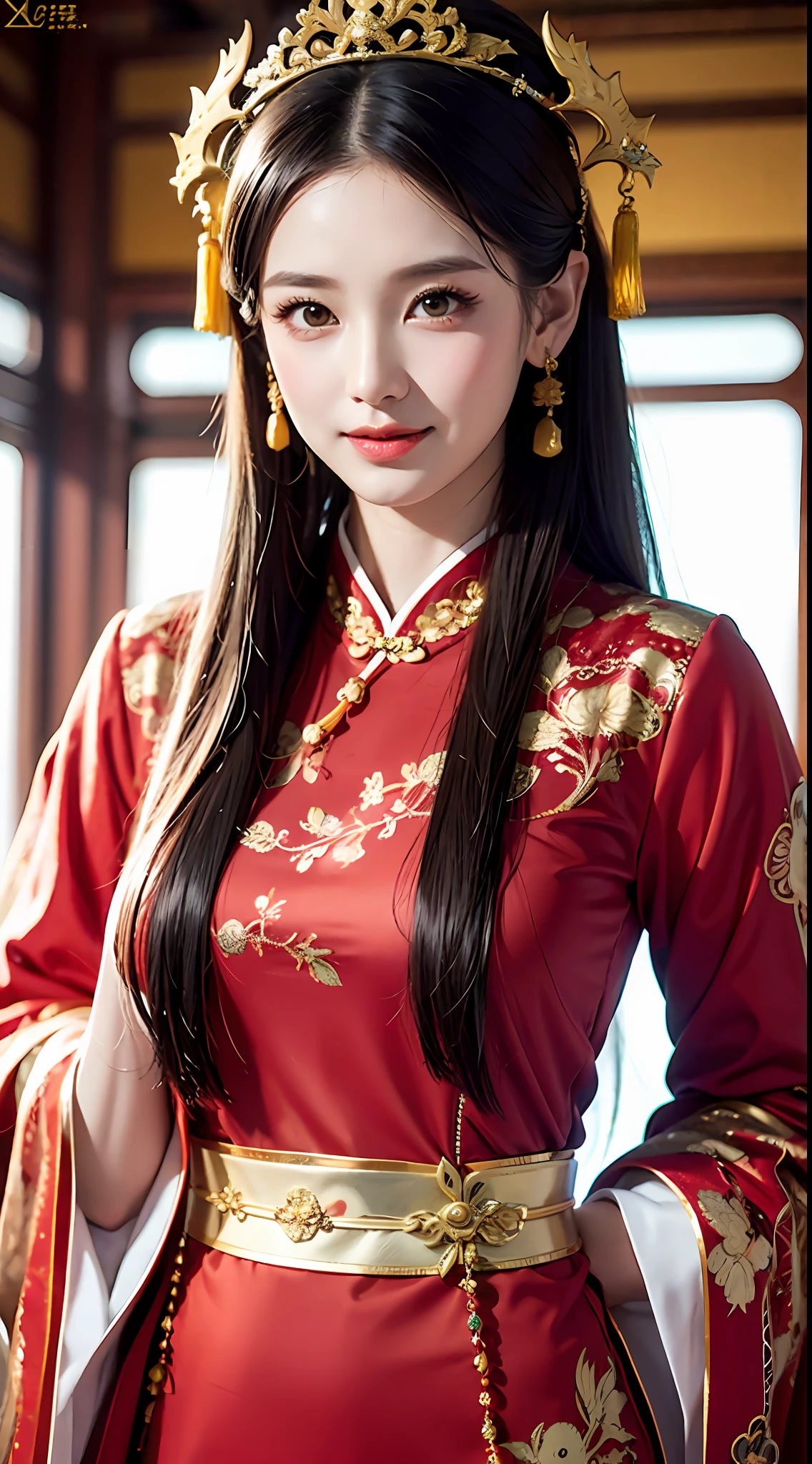 (8k, RAW Photo, Best Quality, Masterpiece: 1.2), (Realistic, Realistic: 1.37), 1 Girl, Woman in Red Dress and Headdress Posing for Photo, Gorgeous Role Play, Beautiful Costume, Chinese Dress, Complex Dress, Complex Costume, Traditional Beauty, Gorgeous Chinese Model, Chinese Costume, Wearing Gorgeous Costume, Wearing Elegant Chinese Xiuhe Dress, Chinese Wedding Dress, Phoenix Crown Xia Hanging, Antique Bride, Xiuhe Costume, Close Up, Wearing Phoenix Crown, Smile, No Watermark, Dragon and phoenix embroidered dress