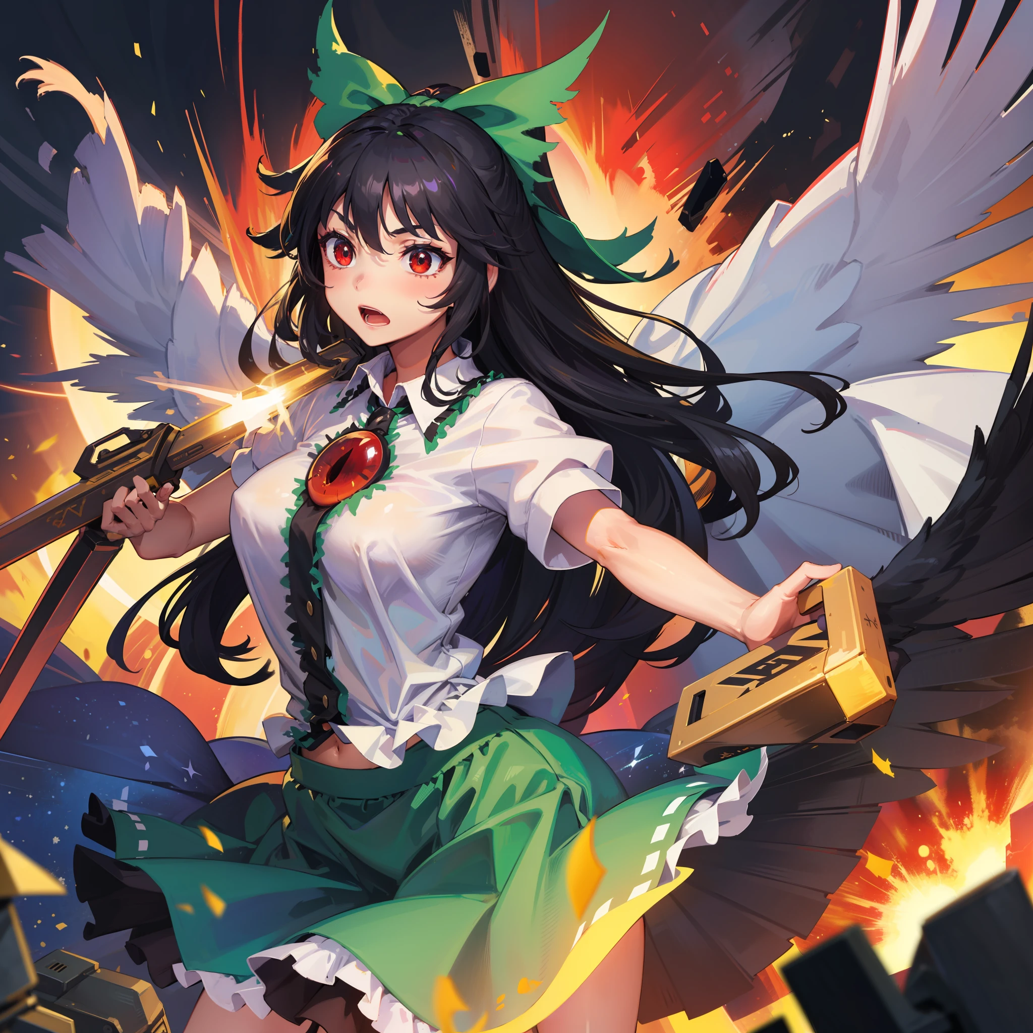 a digital painting of a woman holding a sword above an explosion scene, 1girl, reiuji utsuho, solo, green skirt, skirt, arm cannon, long hair, bow, wings, shirt, weapon, green bow, short sleeves, hair bow, white shirt, open mouth, black wings, puffy short sleeves, cape