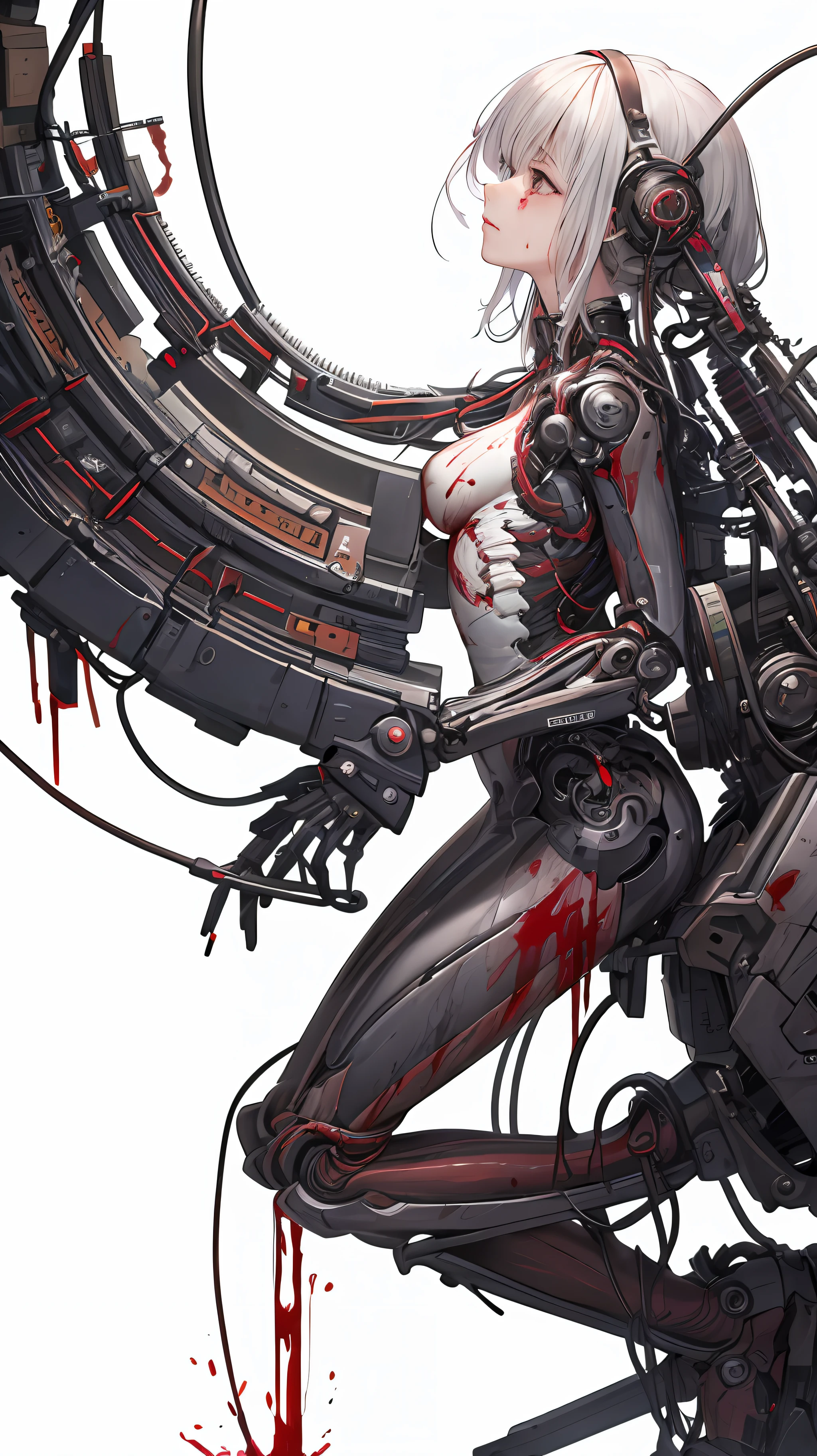 (masterpiece, top quality, best quality, official art, beautiful and aesthetic:1.2), (1girl:1.3), extreme detailed,colorful,highest detailed ((ultra-detailed)), (highly detailed CG illustration), ((an extremely delicate and beautiful)),(from side),cinematic light,((1mechanical girl)),solo,full body,(machine made joints:1.2),((machanical limbs)),(blood vessels connected to tubes),(mechanical vertebra attaching to back),((mechanical cervial attaching to neck)),(sitting),expressionless,(wires and cables attaching to neck:1.2),(wires and cables on head:1.2)(character focus),science fiction,white background,(blood:1.5)