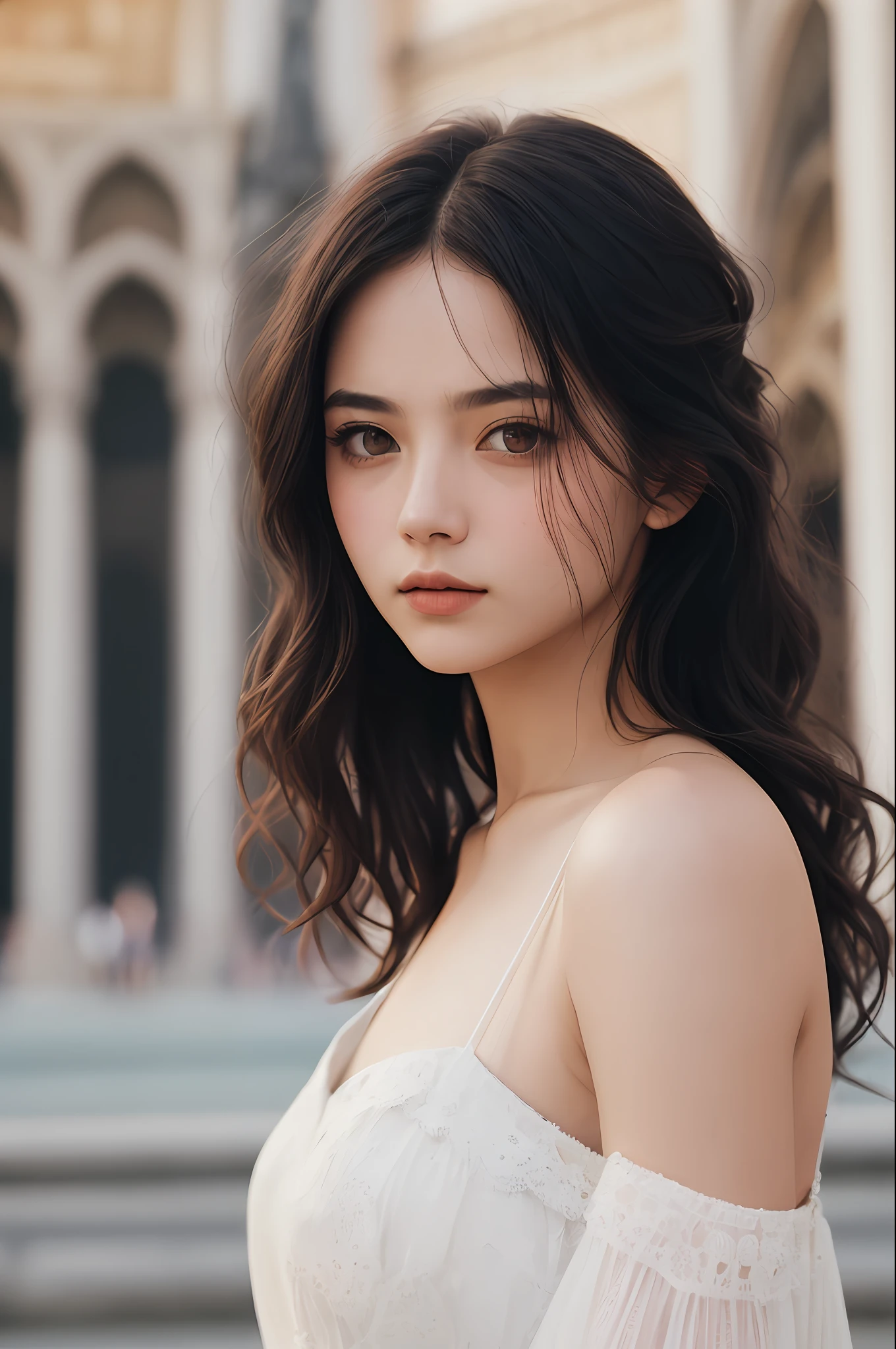 filmg, film portrait photography, (Piazza dei Miracoli background,crowd),1girl, bare shoulders, wavy shoulder-length hair, serene, calm, (realistic detailed eyes, natural skin texture, realistic face details), soft dramatic lighting, depth of field, bokeh, vibrant details, finely detailed, hyperrealistic, 35mm film, hazy blur