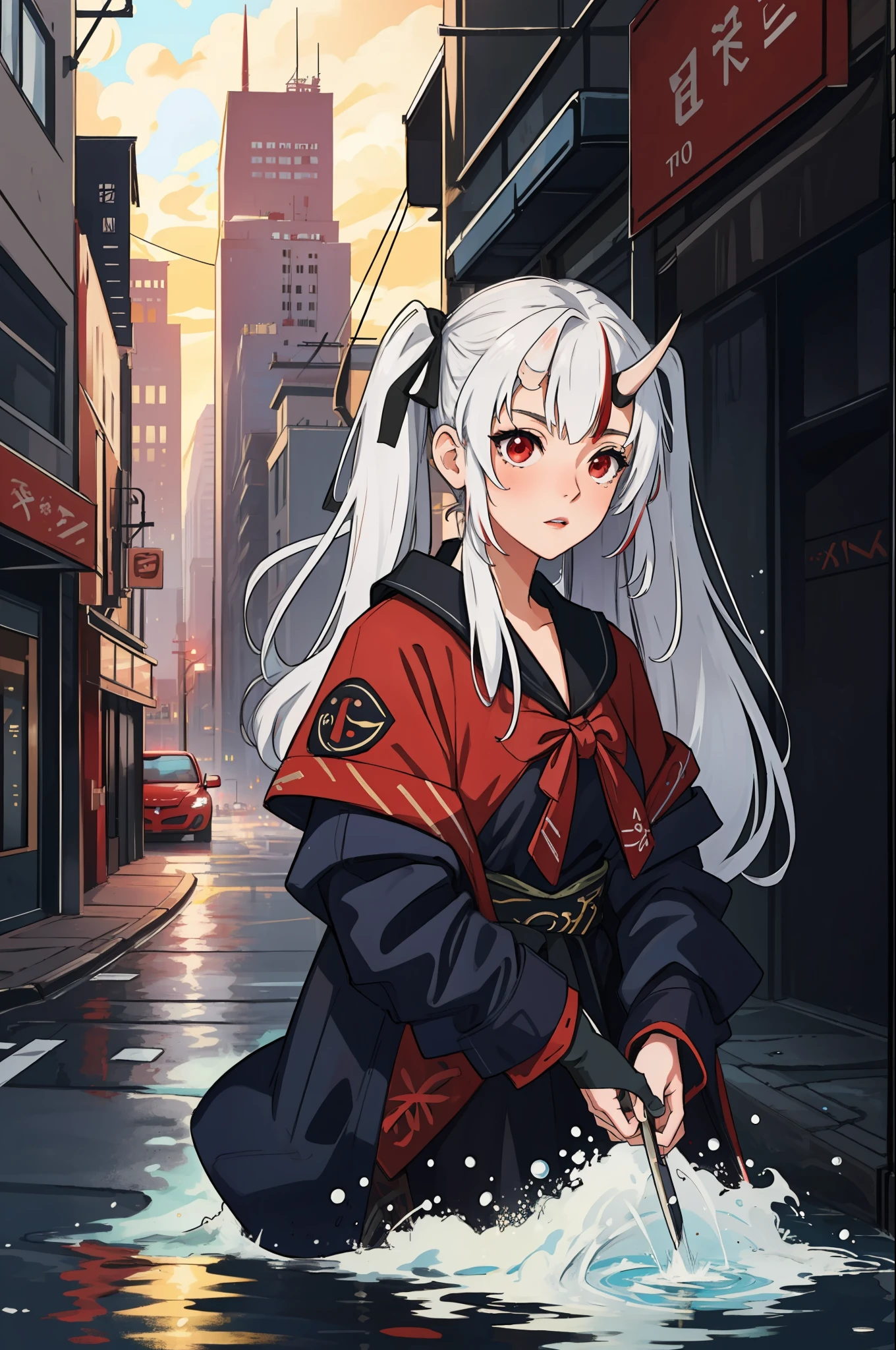 (masterpiece, best quality),  intricate details, 8k, artstation, wallpaper, official art, splash art, sharp focus,
3girl,  Nakiri Ayame, long hair, twintails,  red eyes, white hair,   
skyscrappers, city, buildings, cars, street,