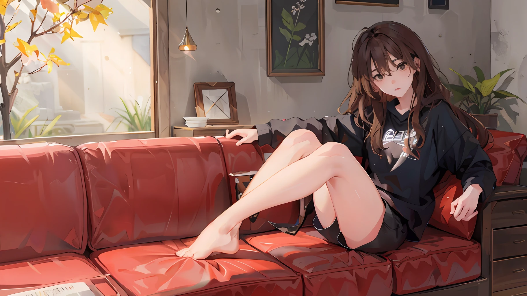 Full body, beautiful face, brown hair, black eyes, sitting on the sofa with a confused expression