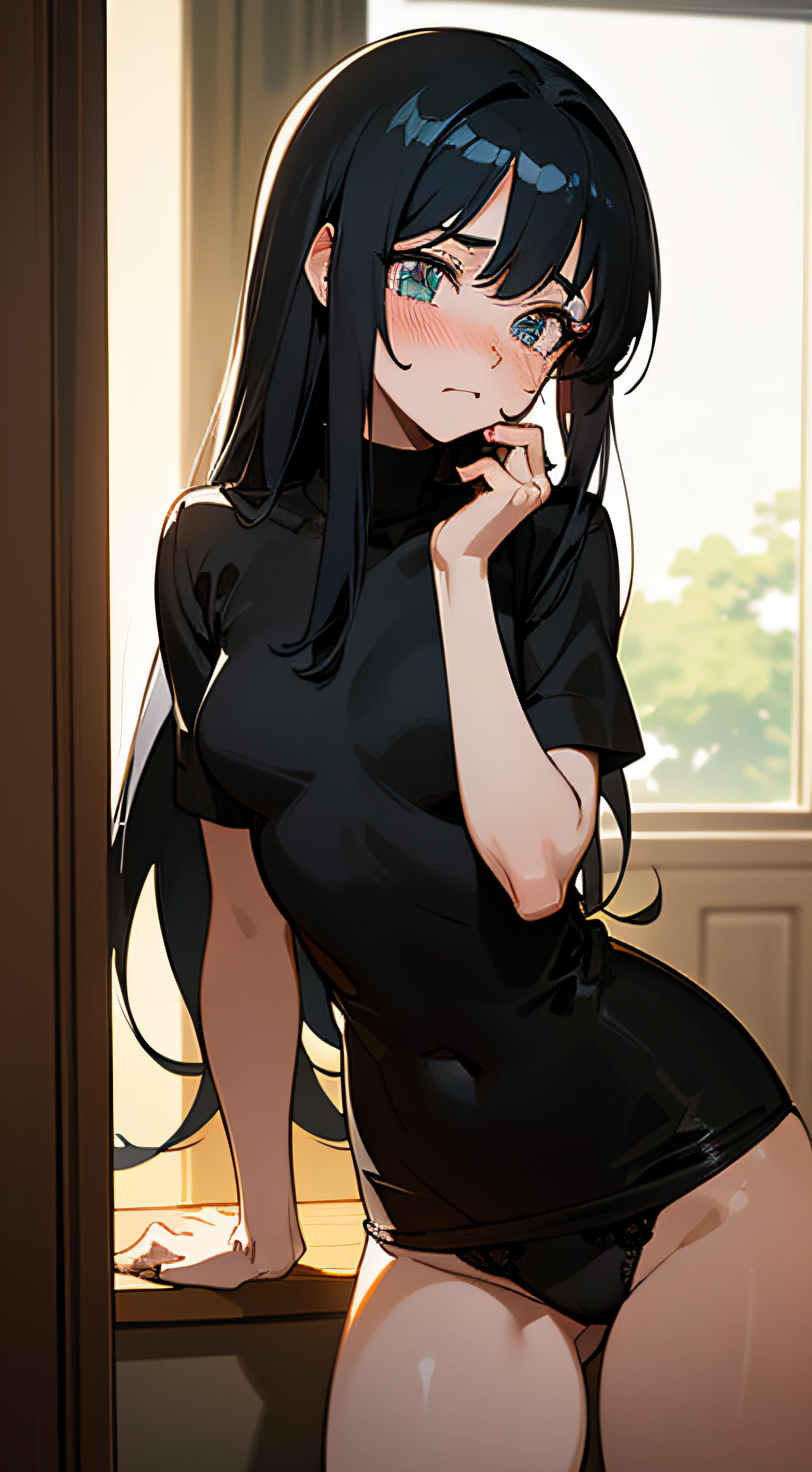 (masterpiece, side lighting, beautiful finely detailed eyes: 1.2), masterpiece*anime, drawing, bright eyes, shiny hair, skin loss, embarrassed face, black panties, thin bra only, super long hair, black hair, small breasts, thick thighs, anime-style manga, cartoon, lineart