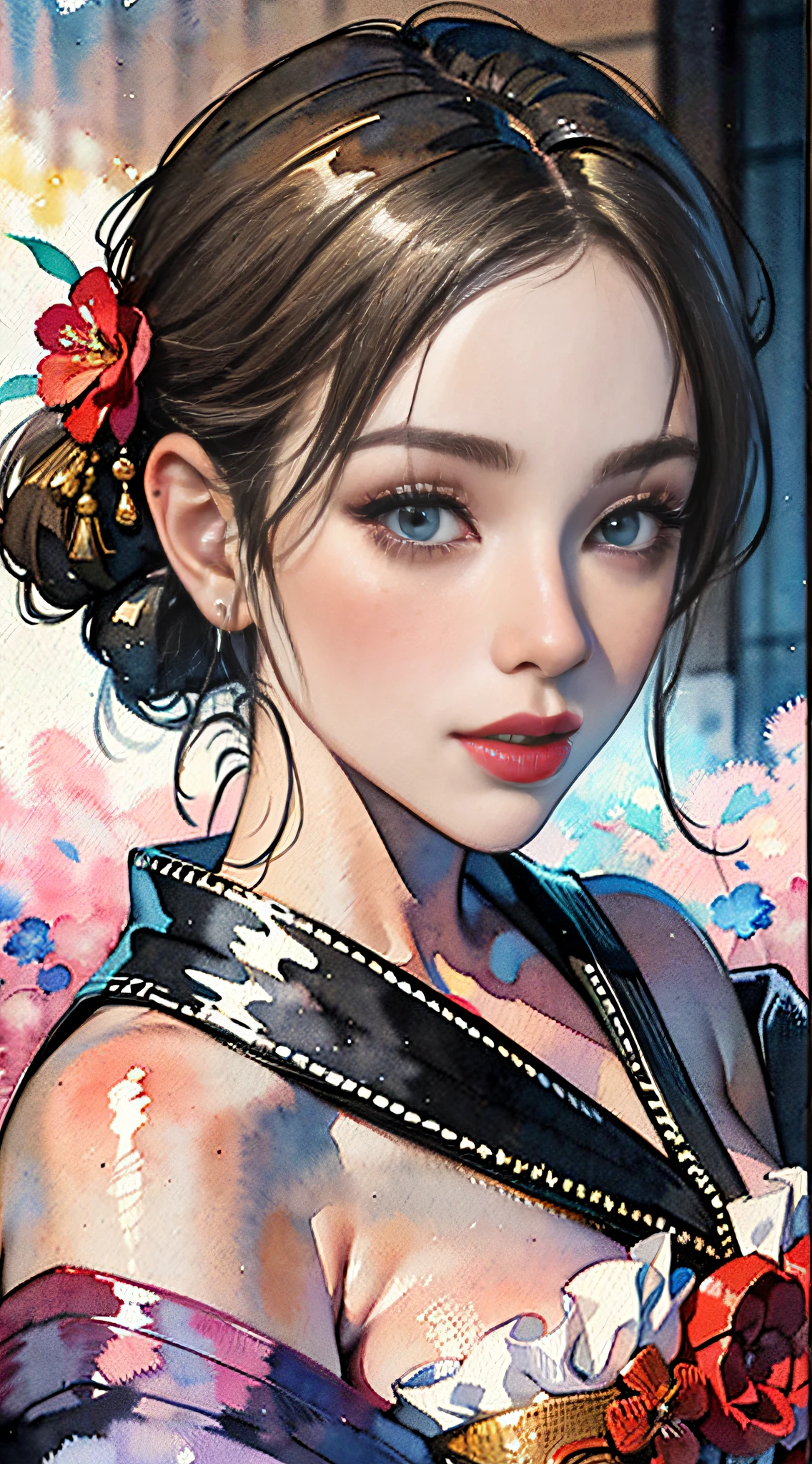 (masterpiece:1.2, best quality), (very detailed face, real picture, realistic skin, realistic body, intricate details), solo, 1milf, casual,ukiyo-e, (Watercolor:1.3), Oiran,