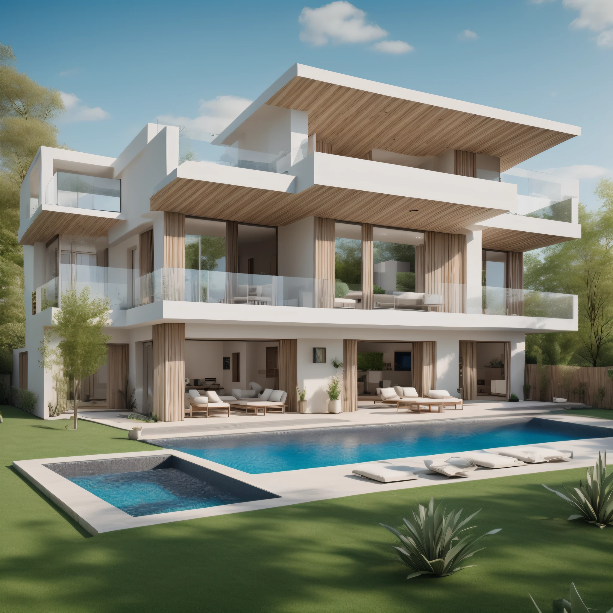 multistory house with garden and swimming pond in front