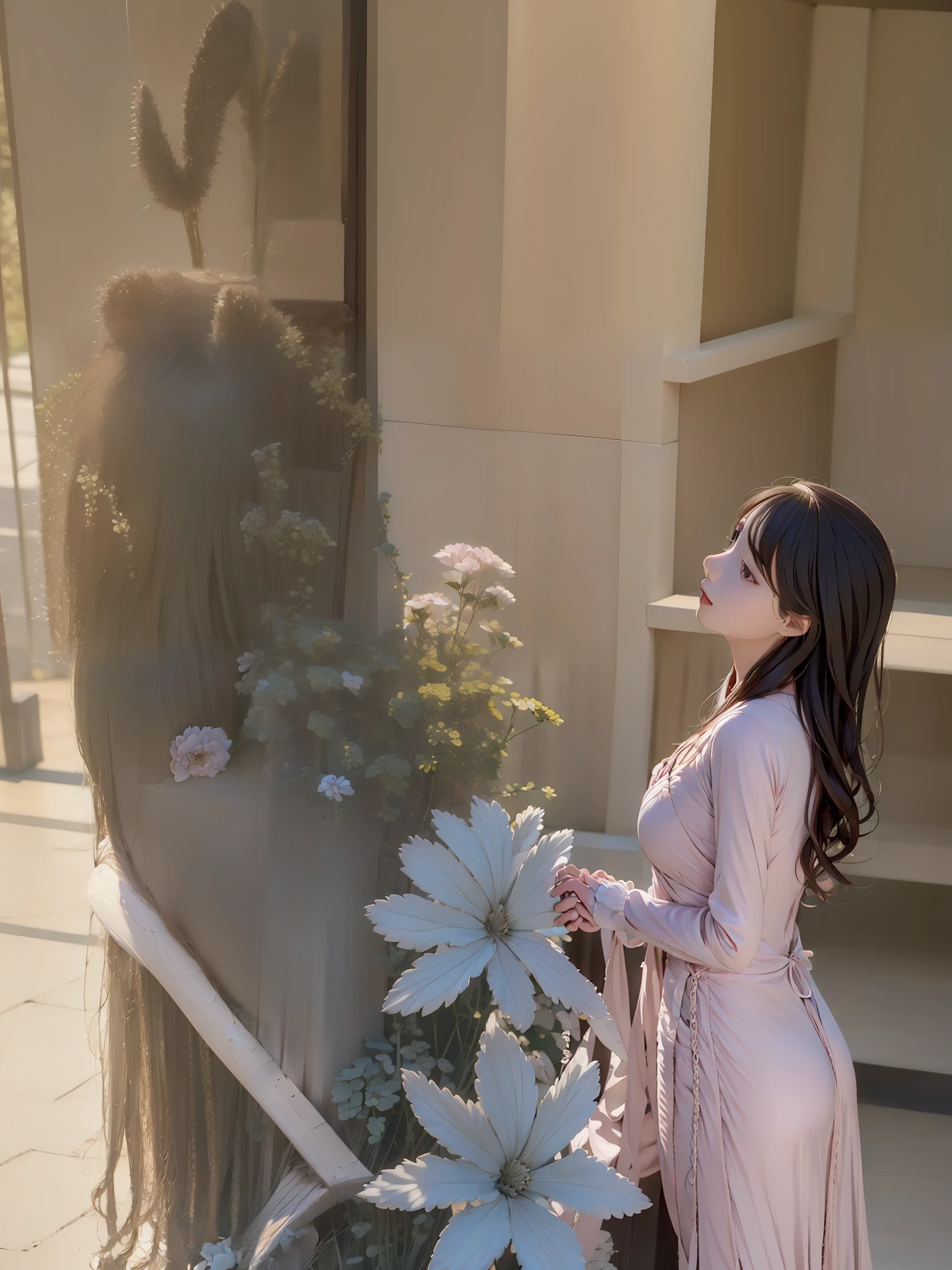 Long straight brown hair, girl, innocent and cute, charming side face, slender arms