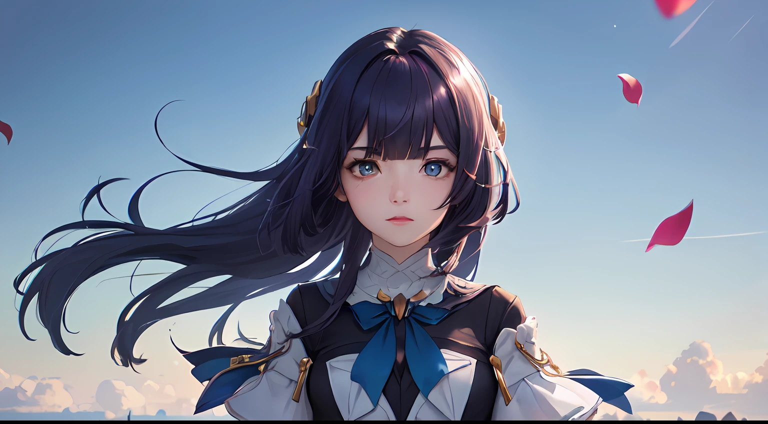 (1girl, floating hair, delicate and flexible eyes:1.2), (upper body,purple eye ,PelaV4:1.2 ),(Purple tachi:1.3), fov, f/1.8, blue sky, flower petals flying, front portrait shot, side lighting, sunlight on people (masterpiece, best quality, detailed shiny skin:1.2), flawless, 8k, RAW, highres,absurdres, colorful cloud, sunline, power scene