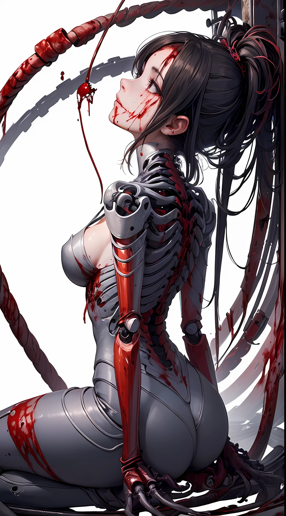 (masterpiece, top quality, best quality, official art, beautiful and aesthetic:1.2), (1girl:1.3), extreme detailed,colorful,highest detailed ((ultra-detailed)), (highly detailed CG illustration), ((an extremely delicate and beautiful)),(from side),cinematic light,((1mechanical girl)),solo,full body,(machine made joints:1.2),((machanical limbs)),(blood vessels connected to tubes),(mechanical vertebra attaching to back),((mechanical cervial attaching to neck)),(sitting),expressionless,(wires and cables attaching to neck:1.2),(wires and cables on head:1.2)(character focus),science fiction,white background,(blood:1.5)