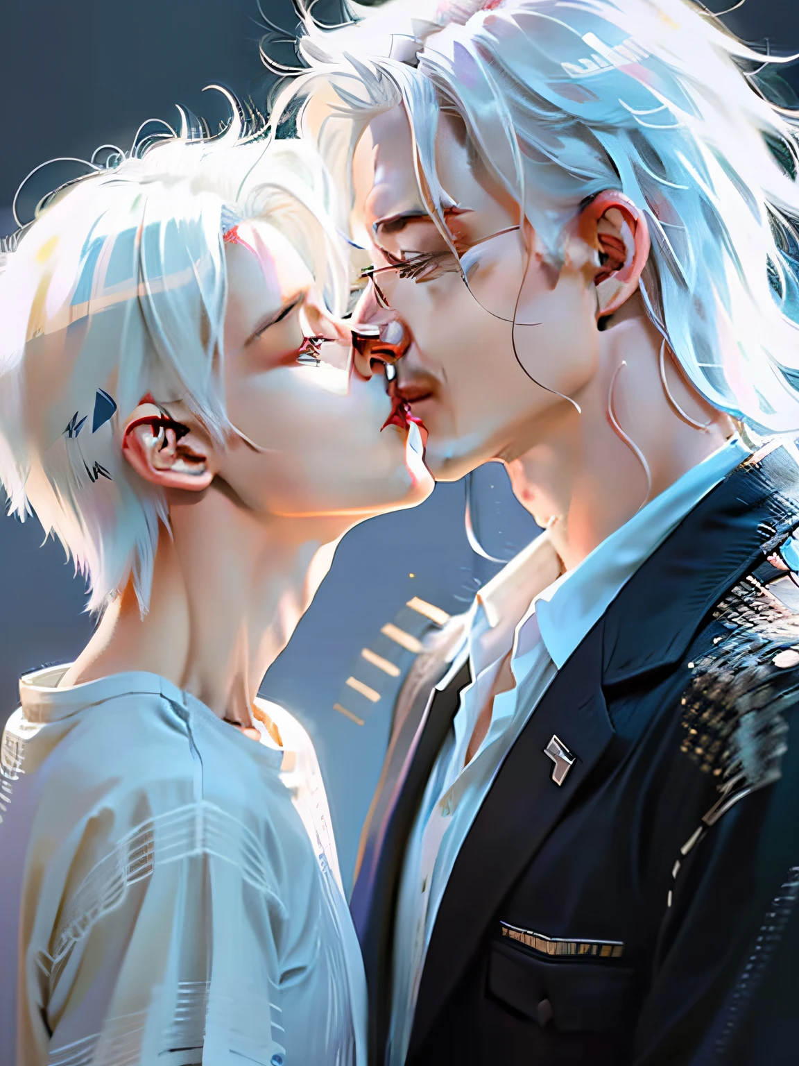 A cool man and a gentle white-haired man kissed in the air