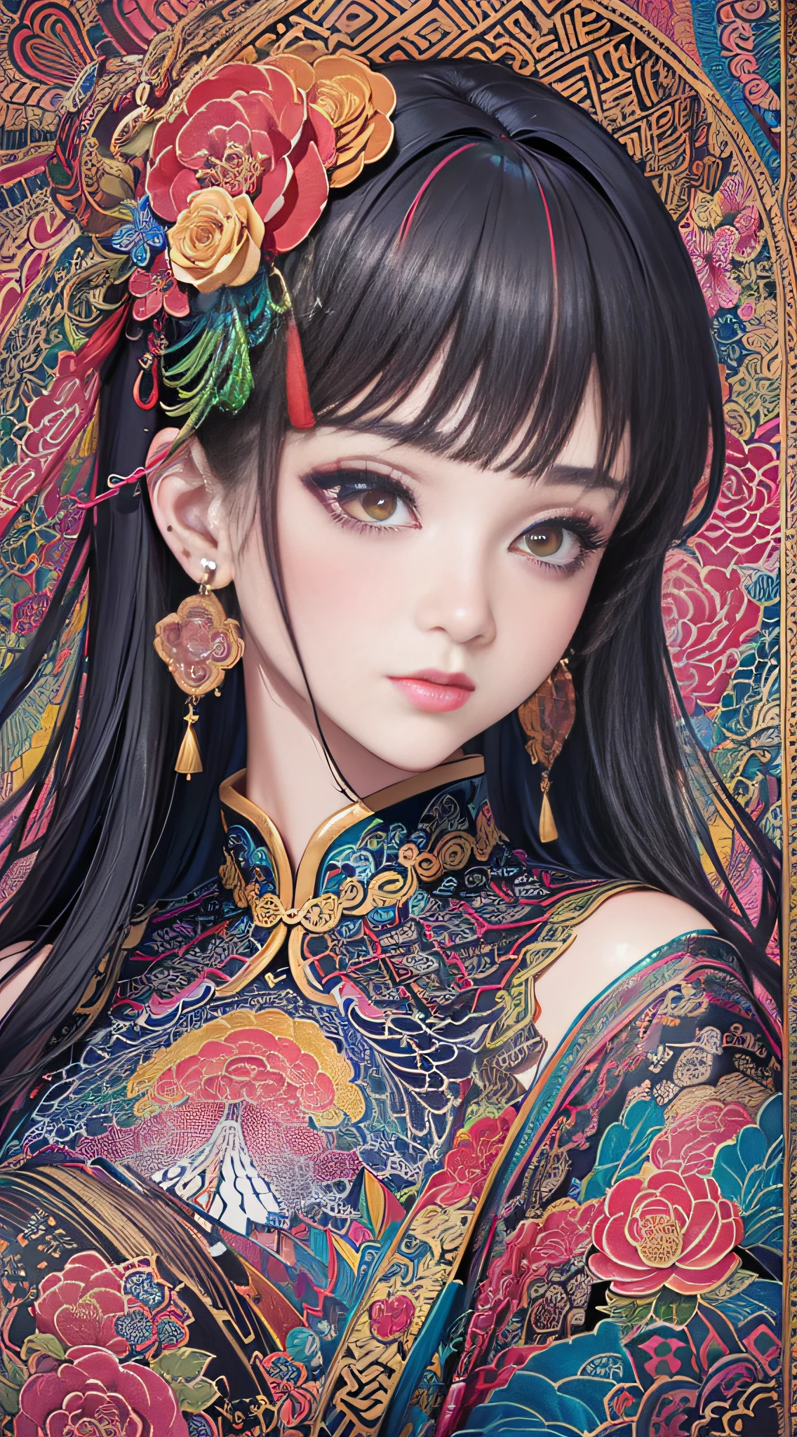 (masterpiece, top quality, best quality, official art, beautiful and aesthetic:1.2), (1girl:1.3), extremely detailed,(fractal art:1.1),(colorful:1.1)(flowers:1.3),highest detailed,(zentangle:1.2), (dynamic pose), (abstract background:1.3), (chinese Traditional cloth:1.2), (shiny skin), (many colors:1.4), ,(earrings:1.4),