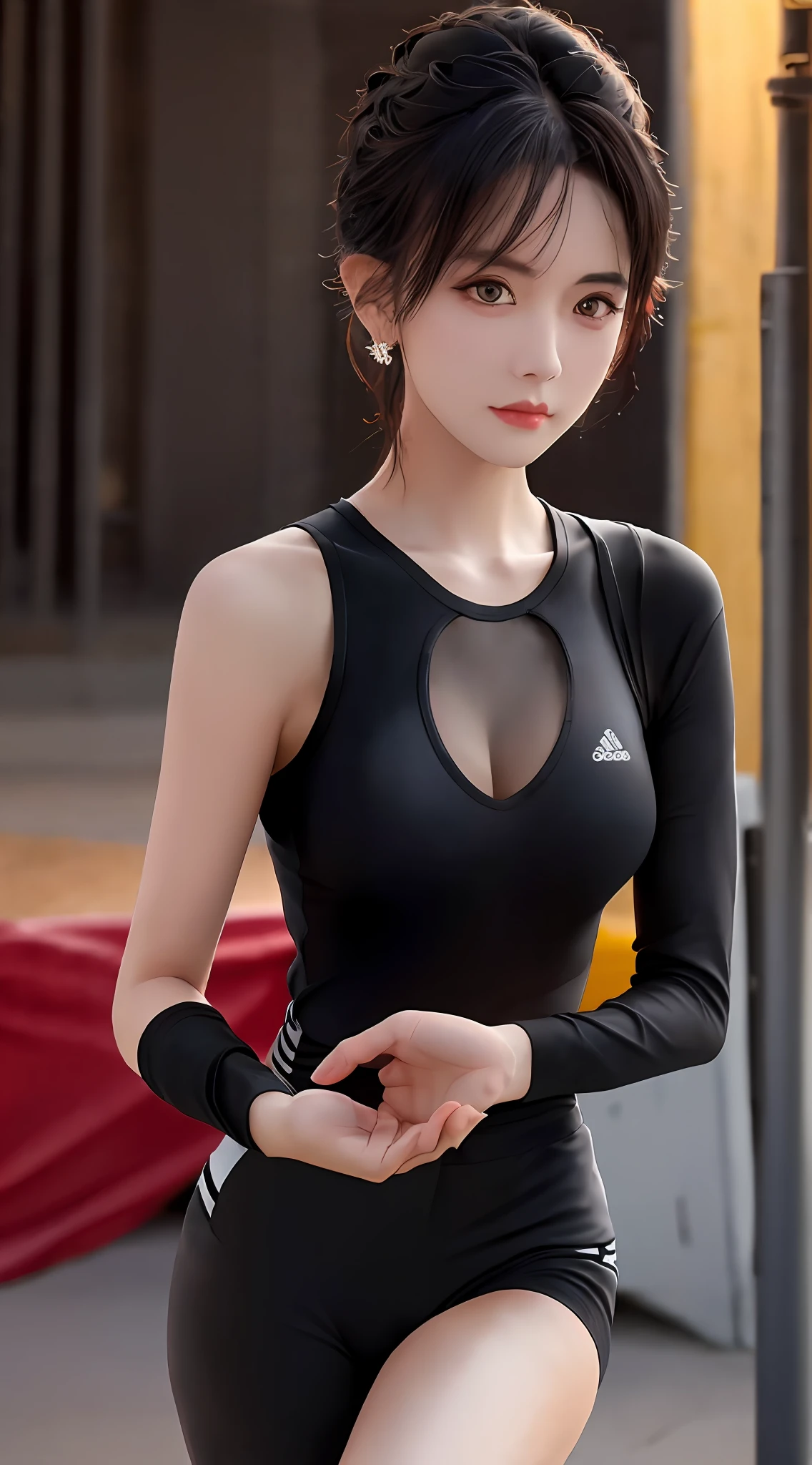 best quality, masterpiece, 1 girl, beautiful face, (photo photo:1.3), edge lighting, (high detail skin:1.2), 8k ultra hd, DSLR, high quality, high resolution, 4k, 8k, bokeh, absurd, best ratio four fingers and one thumb, (realistic:1.3), cute 1girl, , medium breasts, wear dance training clothes,