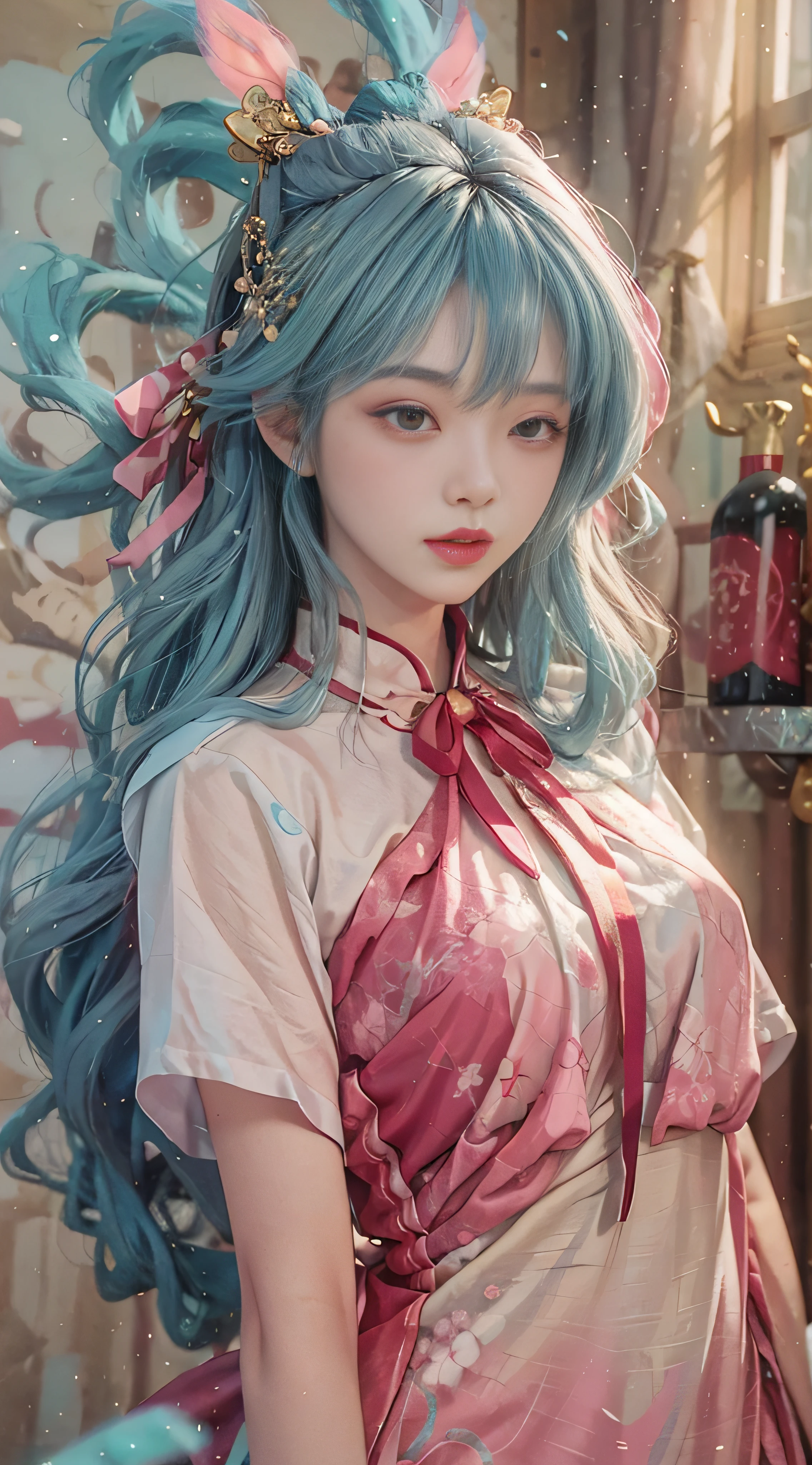 Sweet Chinese girl, long light blue hair, [light blue|pink] hair, curly hair, glitter, pink lips, white shirt, front, upper body