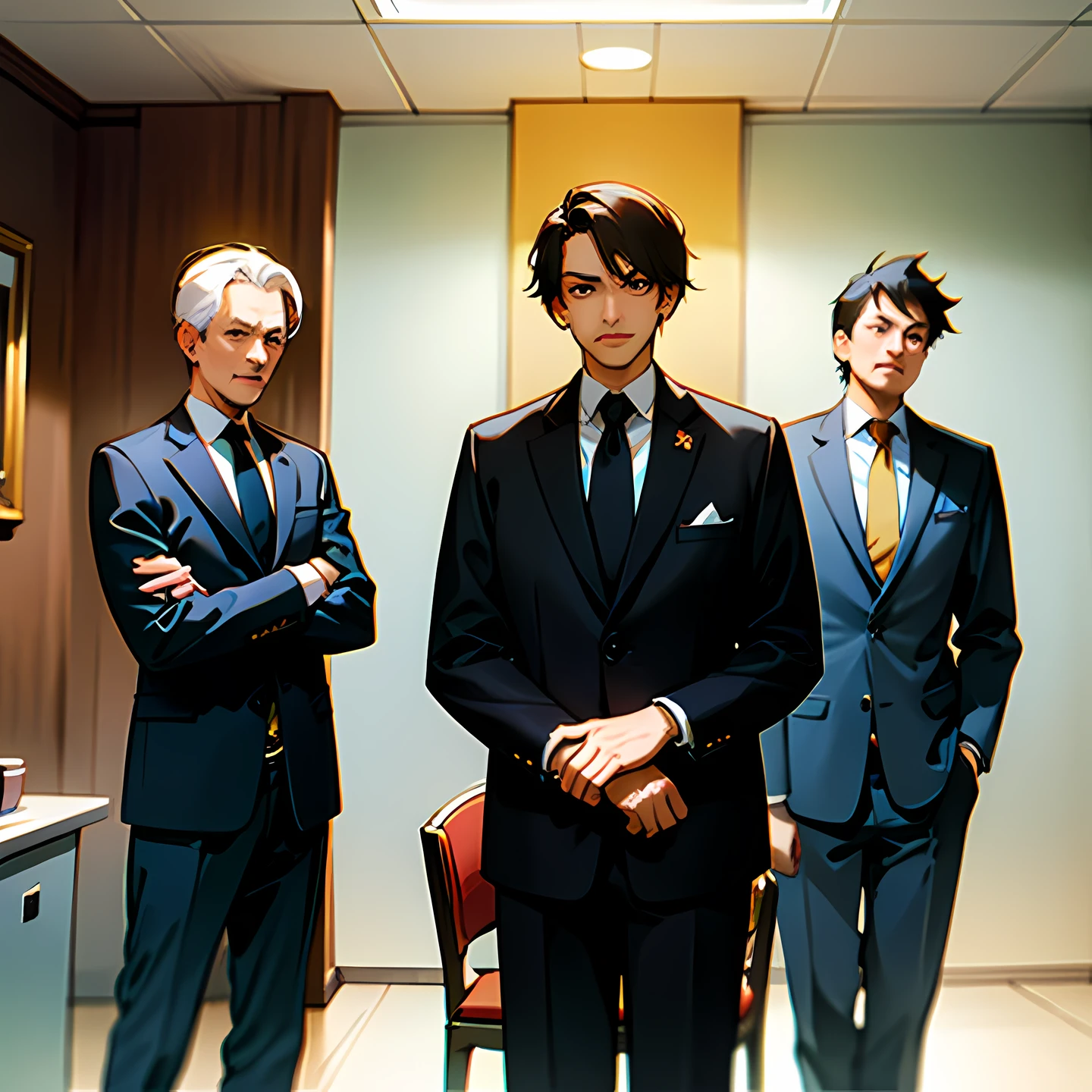 4 mature politicians, sitting in a conference room, dressed in suits, serious, looking at viewer, (masterpiece: 1.2), best quality, masterpiece, high resolution, original, extremely detailed, (extremely detailed CG: 1.2) anime style, quality masterpiece.