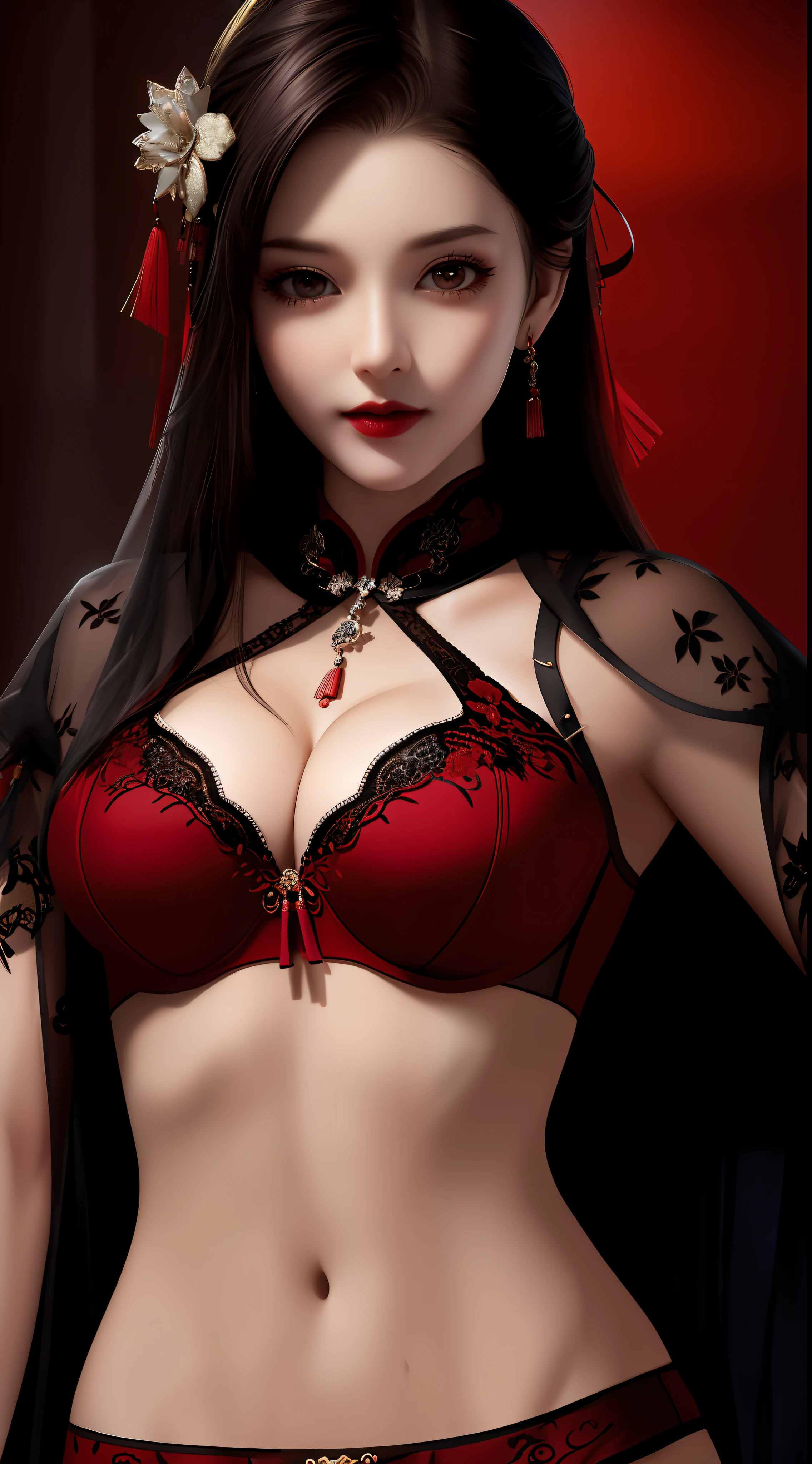 Realistic, 1 girl, see-through chinese armor soft red black, very large breasts, black hair, red lips, detailed eyes , dark backgrou,,Low light, Chinese underwear, best face, Low light landscape, sexy style, royal, Penetration , chinese underwear,bust, Dark background, Detailed face, taken from the belly up,See-through fabric, chest piercing